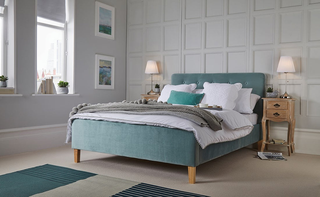 4ft6in 135cm Double Bed Frame Aqua Velvet Fabric Upholstery Light Oak Legs Buttoned