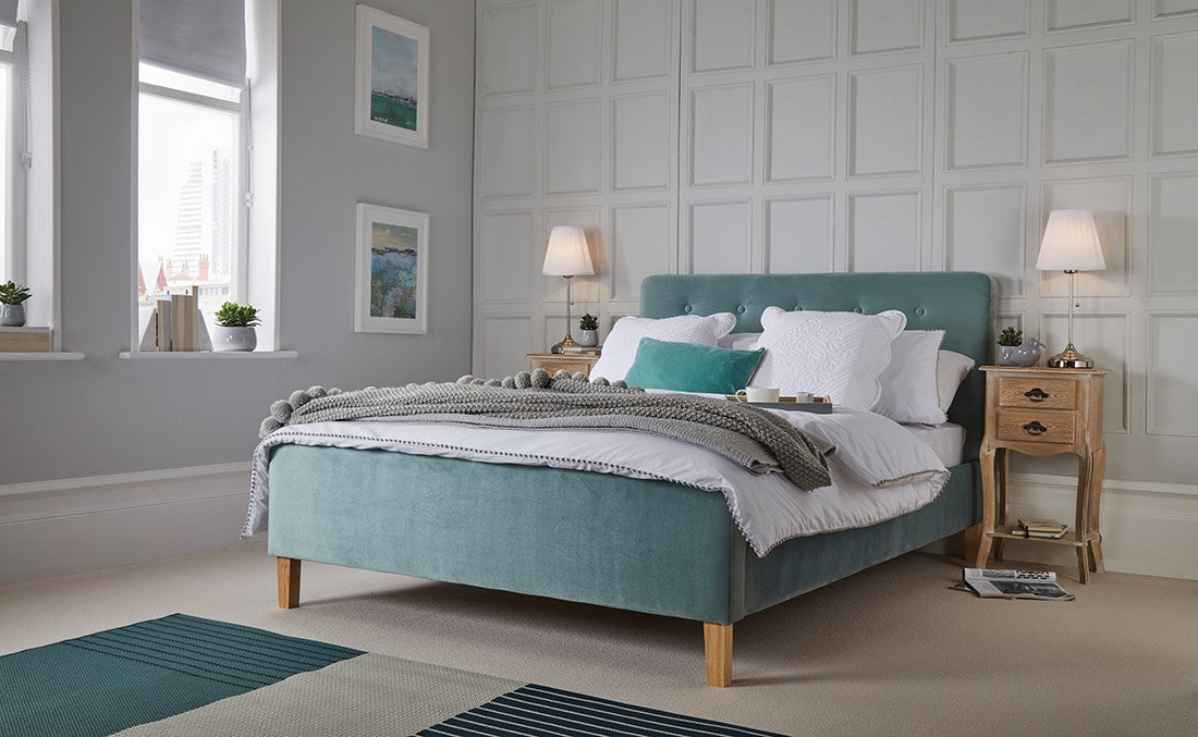 4ft6in 135cm Double Bed Frame Aqua Velvet Fabric Upholstery Light Oak Legs Buttoned