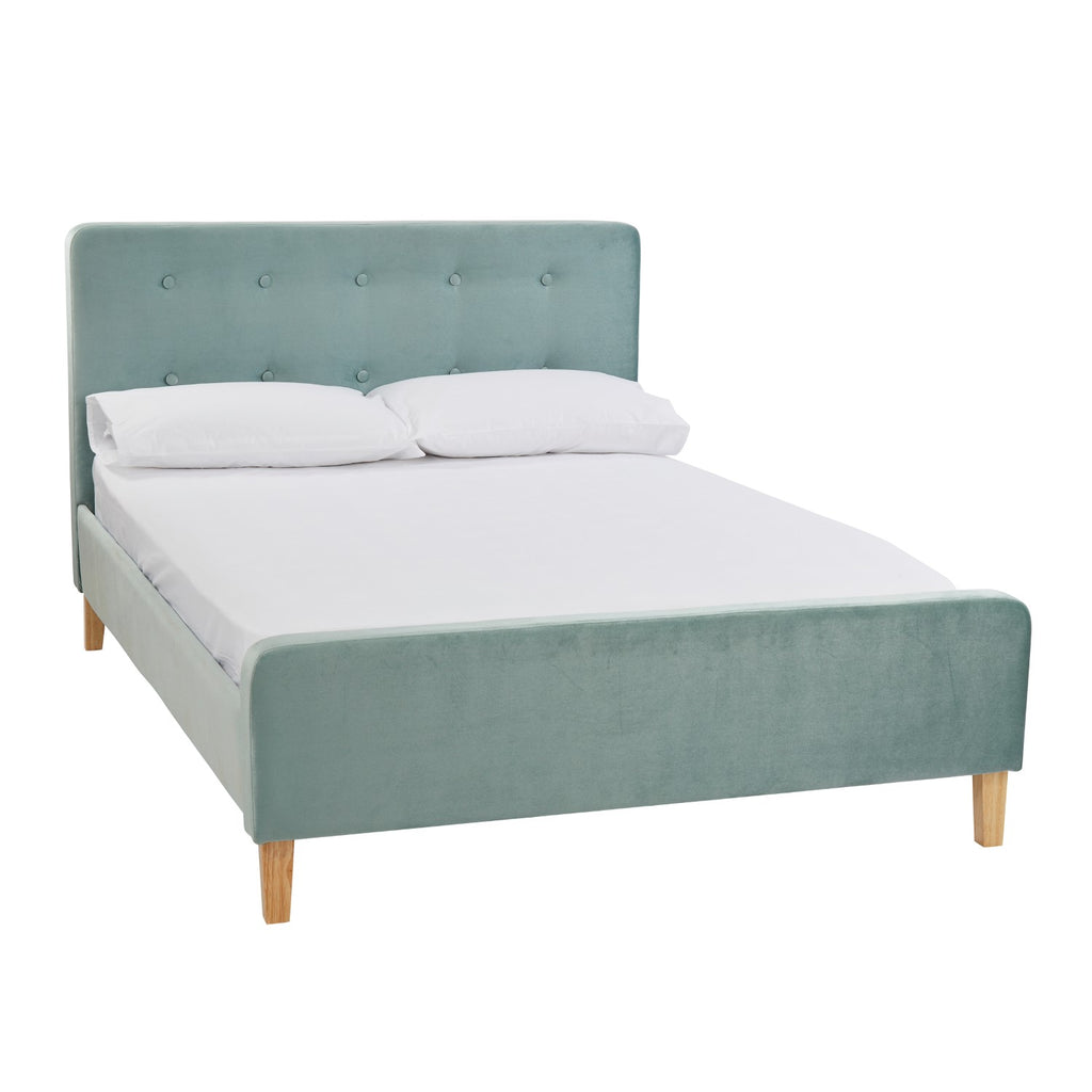 4ft6in 135cm Double Bed Frame Aqua Velvet Fabric Upholstery Light Oak Legs Buttoned