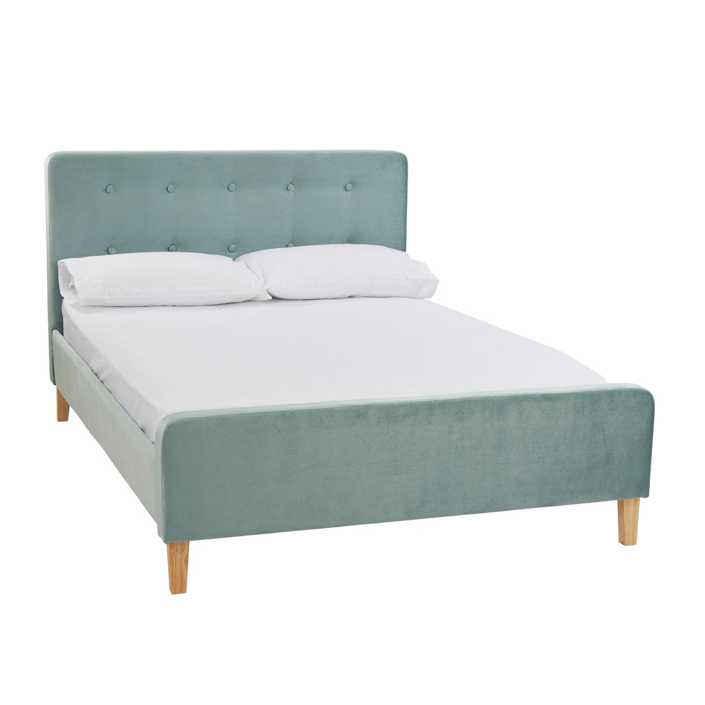 Blue Velvet Buttoned Fabric 5ft King Size Bed Frame Oak Legs