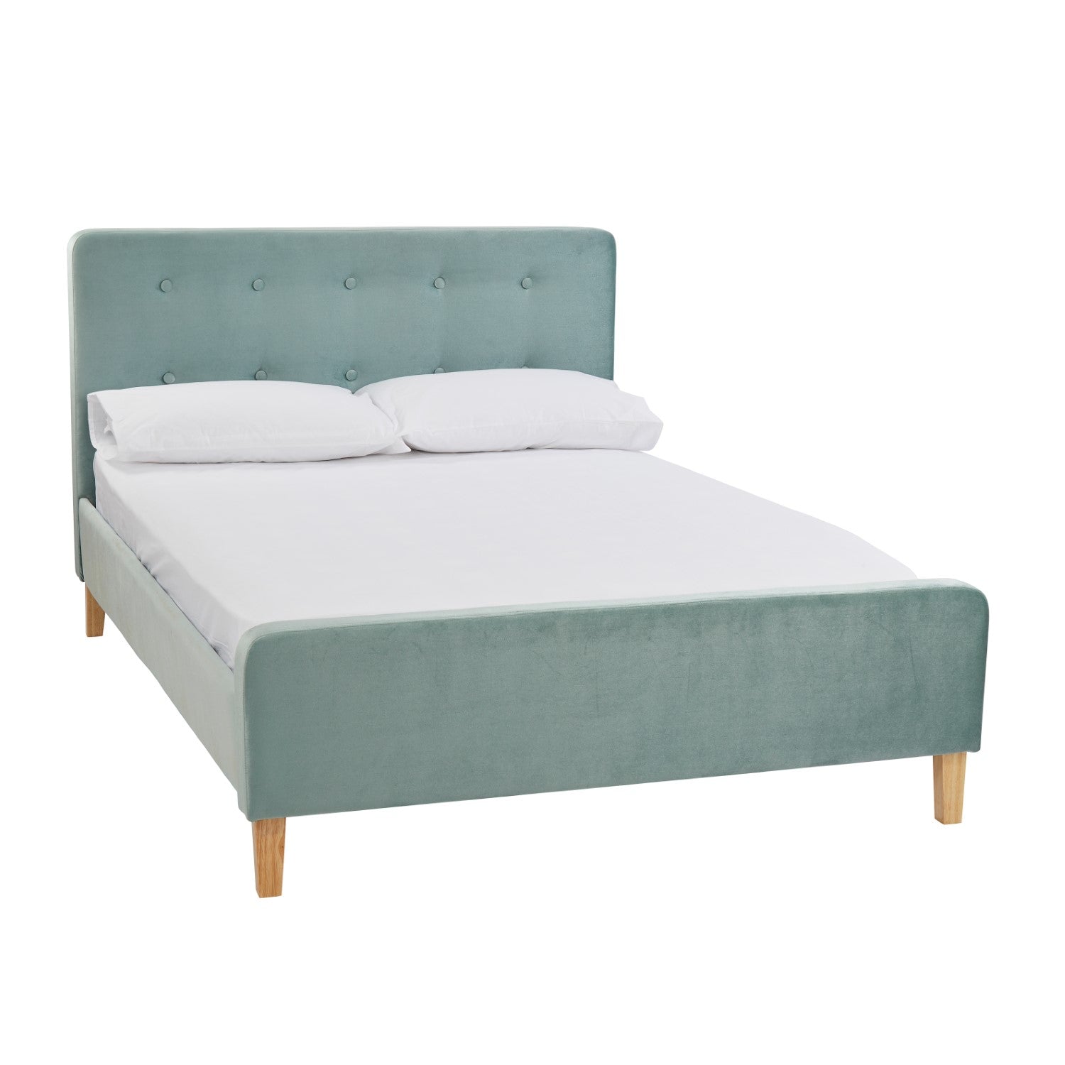 Blue Velvet Buttoned Fabric 5ft King Size Bed Frame Oak Legs