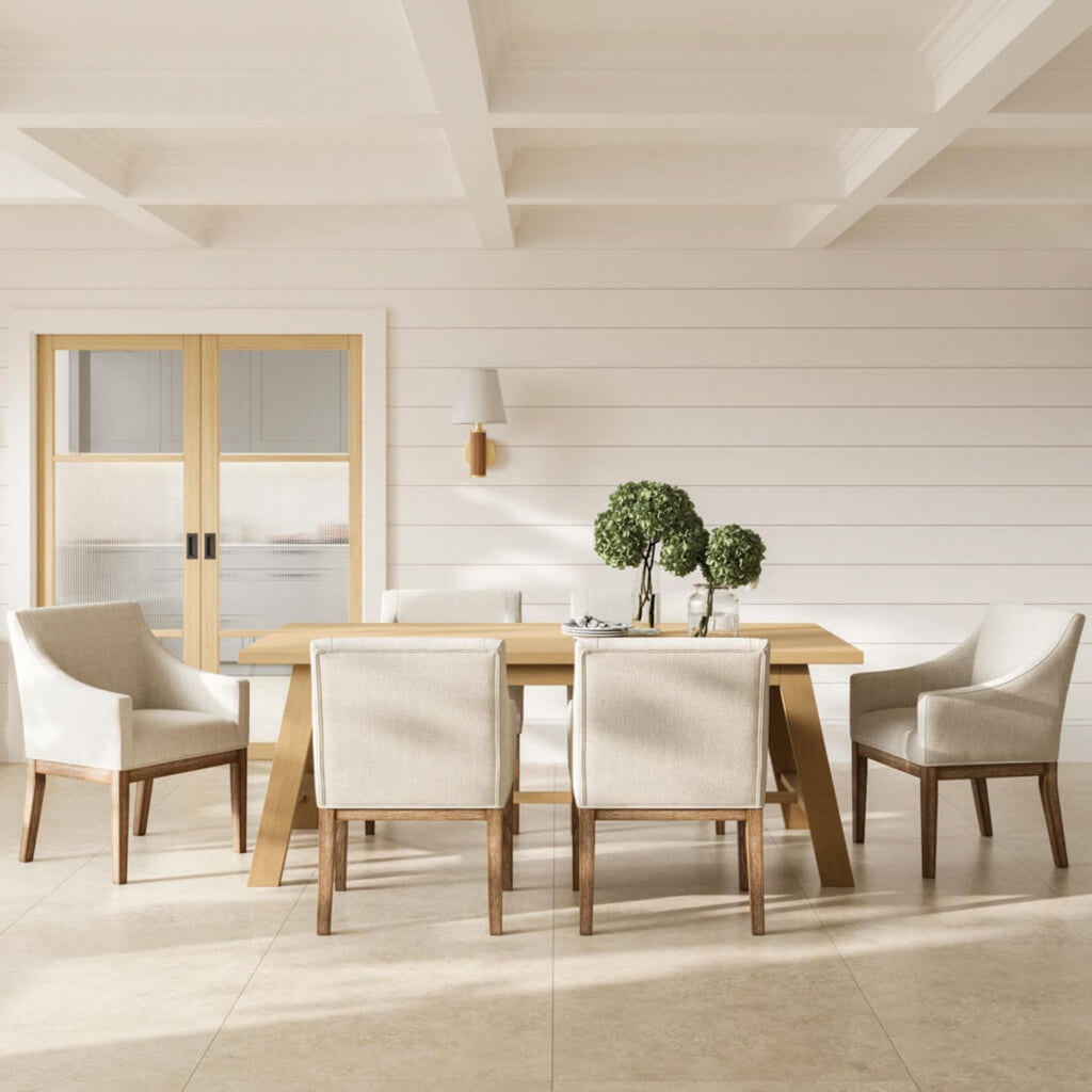 Bisque Linen Dining Chair with Wood Frame and Arms