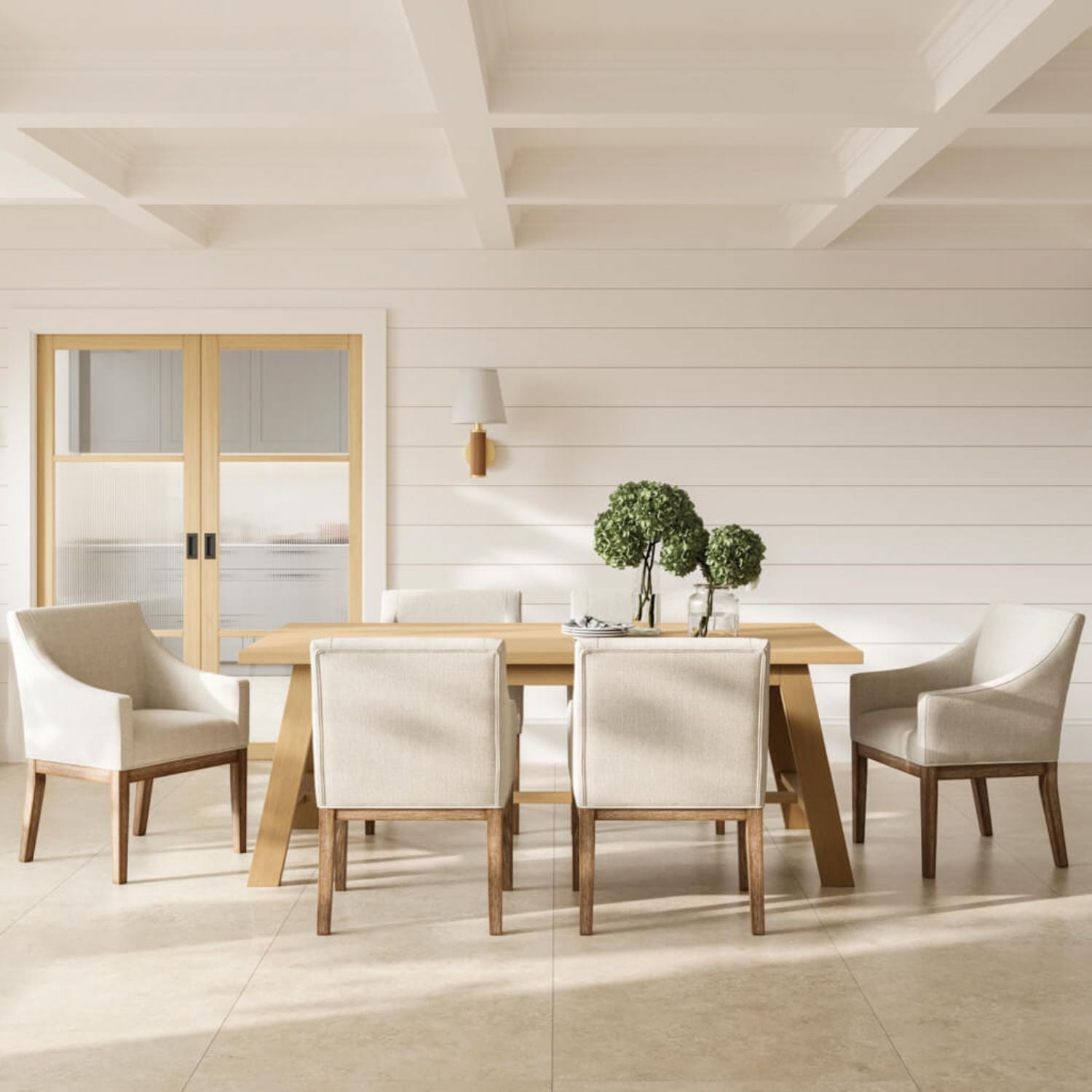 Bisque Linen Dining Chair with Wood Frame and Arms