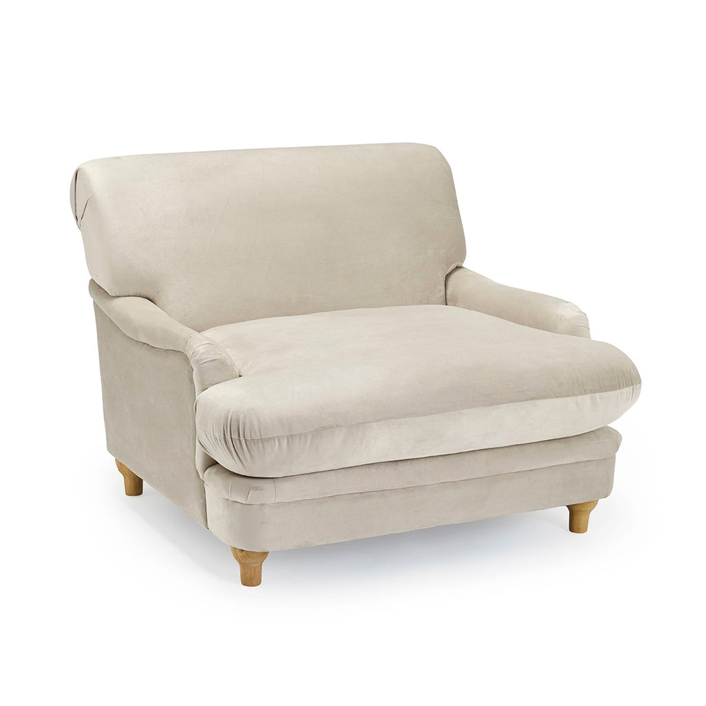 Beige Velvet Upholstered Lounge Armchair with Oak Legs and Cushioned Seat