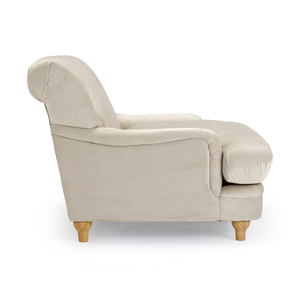Beige Velvet Upholstered Lounge Armchair with Oak Legs and Cushioned Seat