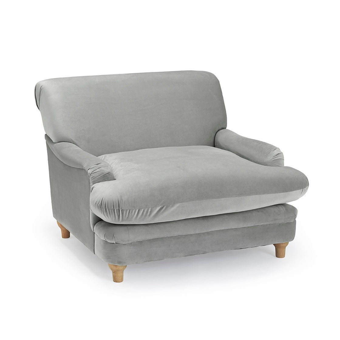 Grey Velvet Upholstered Wide Armchair with Oak Finish Legs