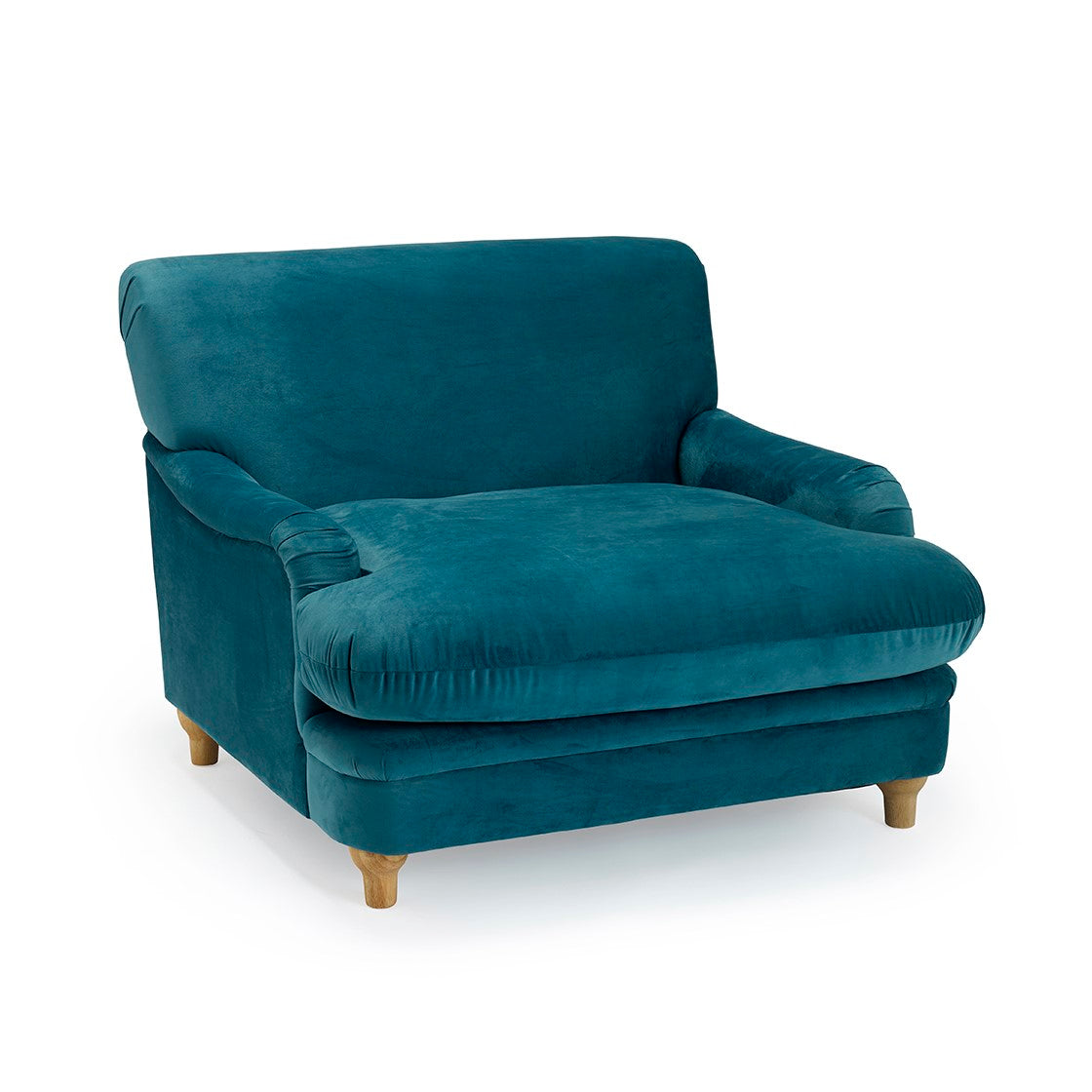 Blue Velvet Upholstered Wide Armchair with Oak Finish Legs