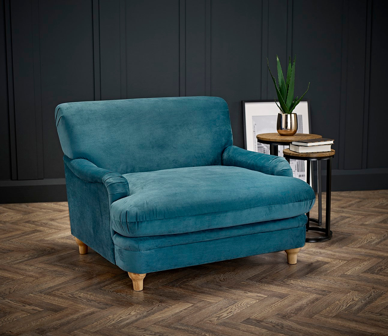 Blue Velvet Upholstered Wide Armchair with Oak Finish Legs