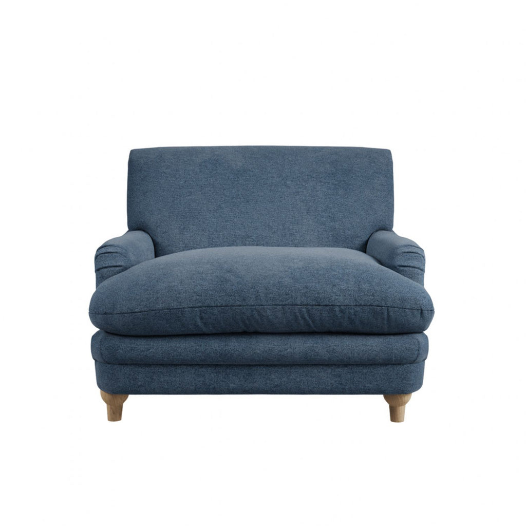 Denim Blue Chenille Upholstered Lounge Armchair with Oak Legs