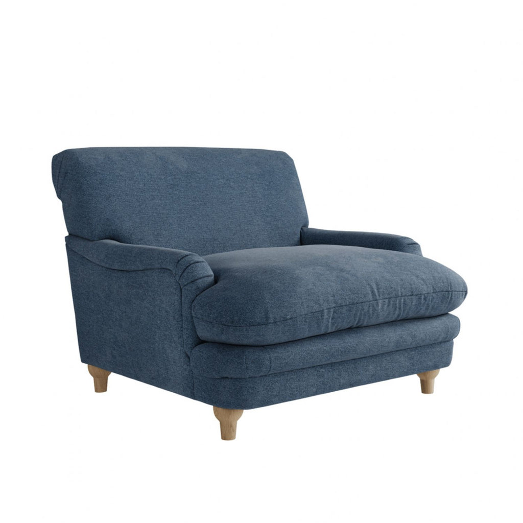 Denim Blue Chenille Upholstered Lounge Armchair with Oak Legs
