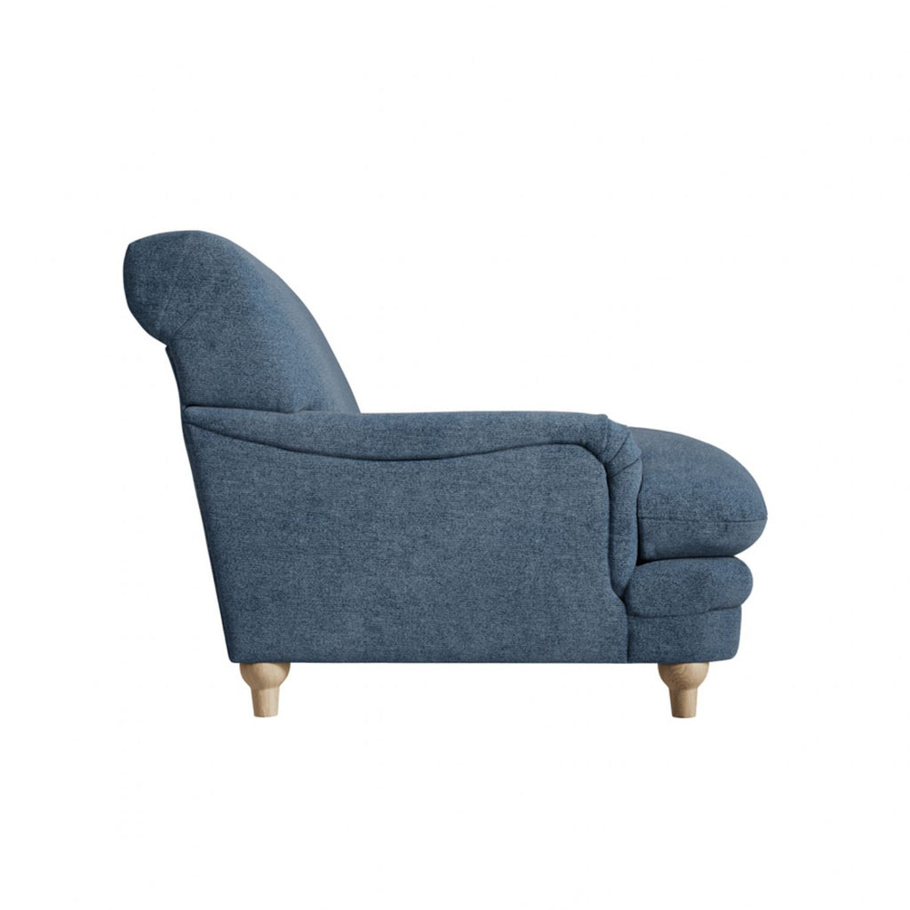 Denim Blue Chenille Upholstered Lounge Armchair with Oak Legs
