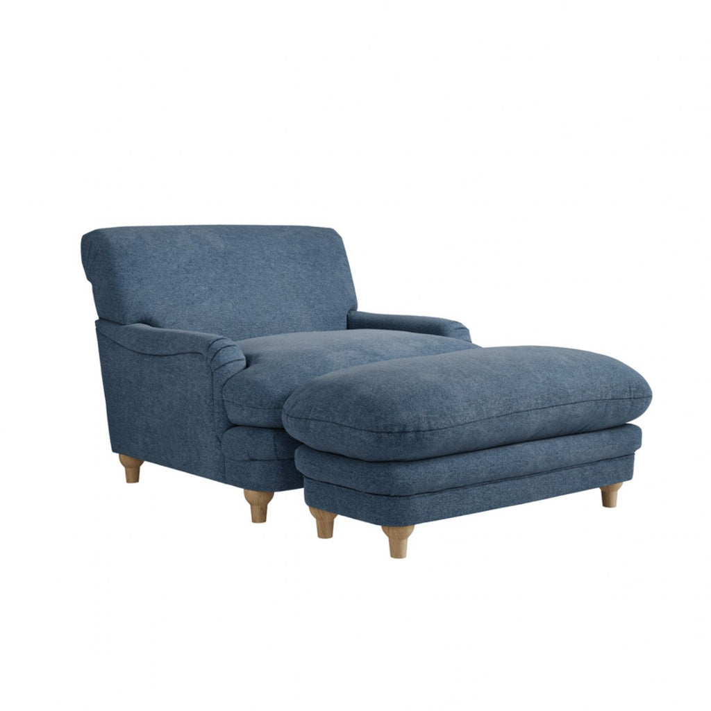 Denim Blue Chenille Upholstered Lounge Armchair with Oak Legs