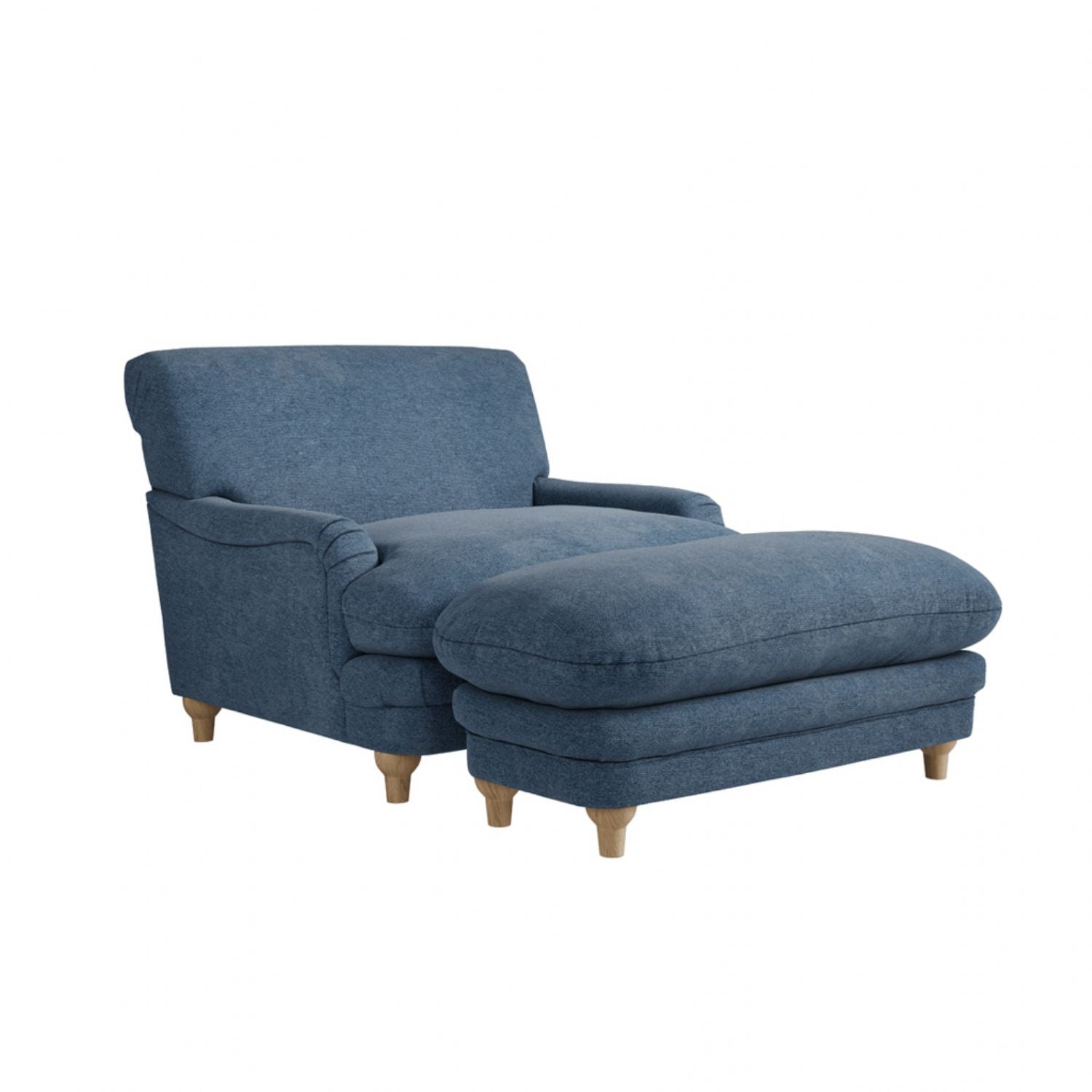Denim Blue Chenille Upholstered Lounge Armchair with Oak Legs