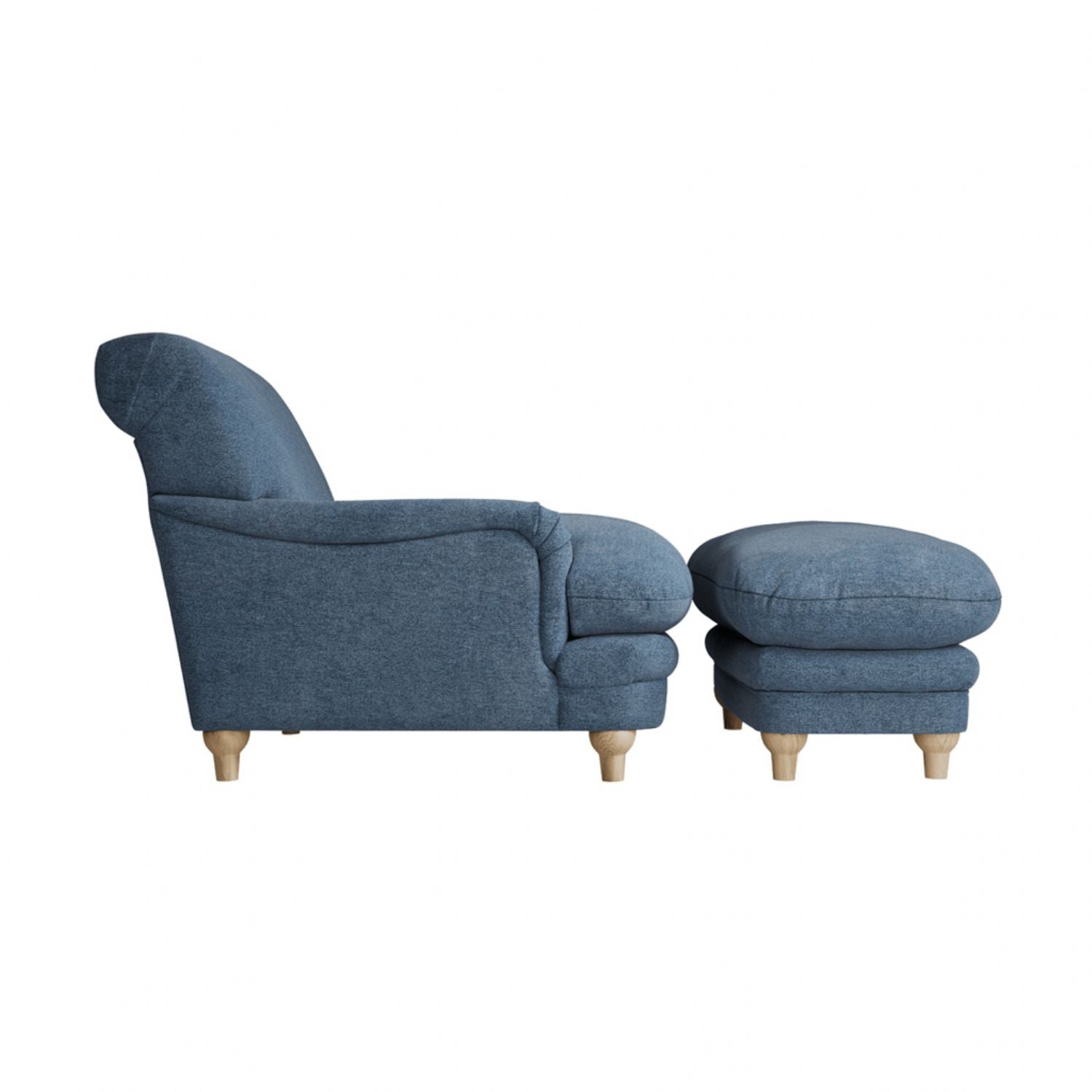 Denim Blue Chenille Upholstered Lounge Armchair with Oak Legs