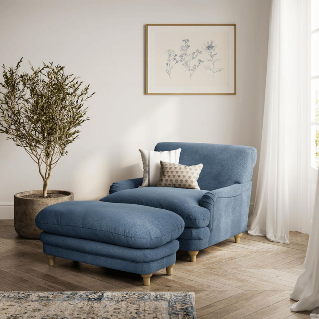Denim Blue Chenille Upholstered Lounge Armchair with Oak Legs