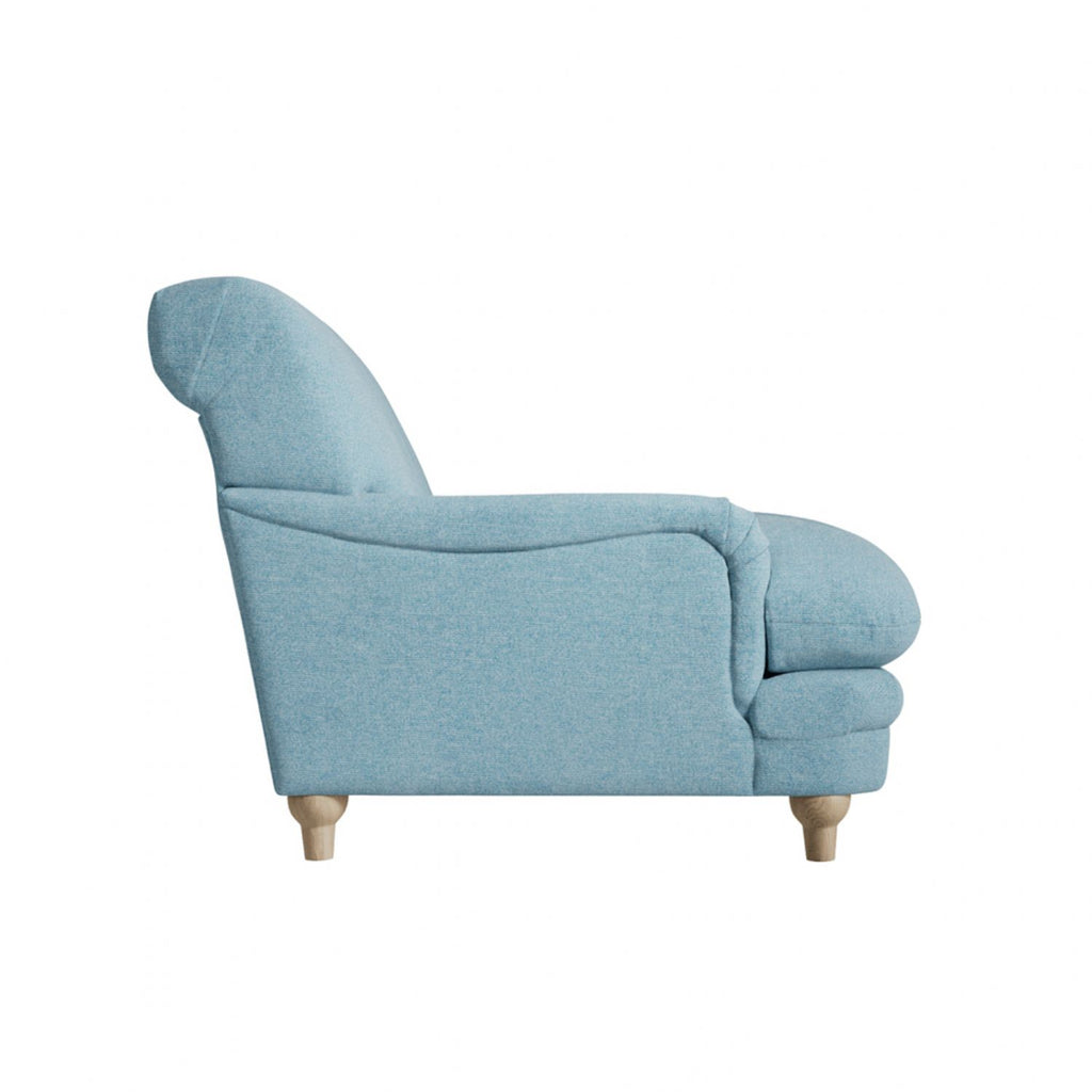 Duck Egg Blue Chenille Upholstered Lounge Armchair with Oak Legs