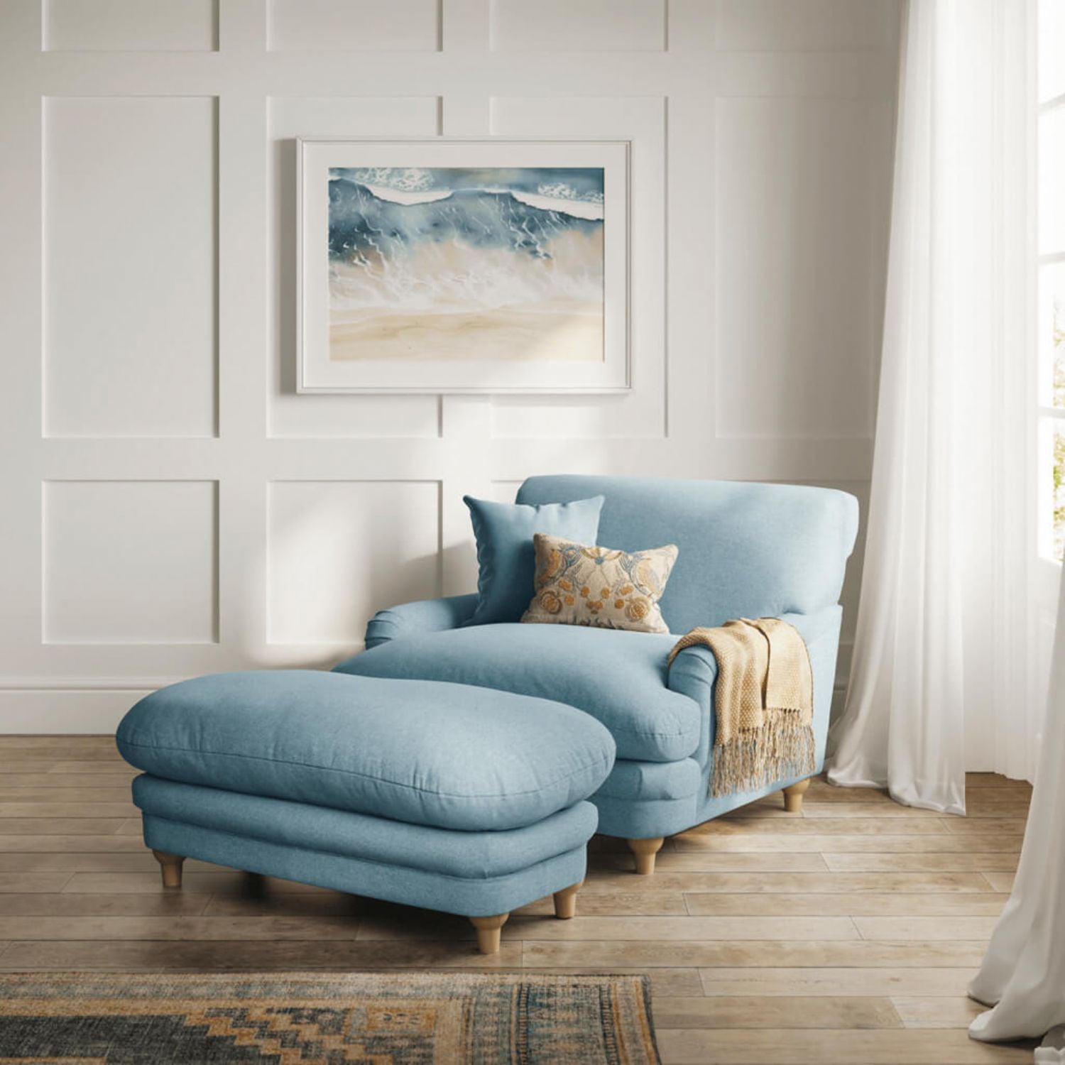 Duck Egg Blue Chenille Upholstered Lounge Armchair with Oak Legs