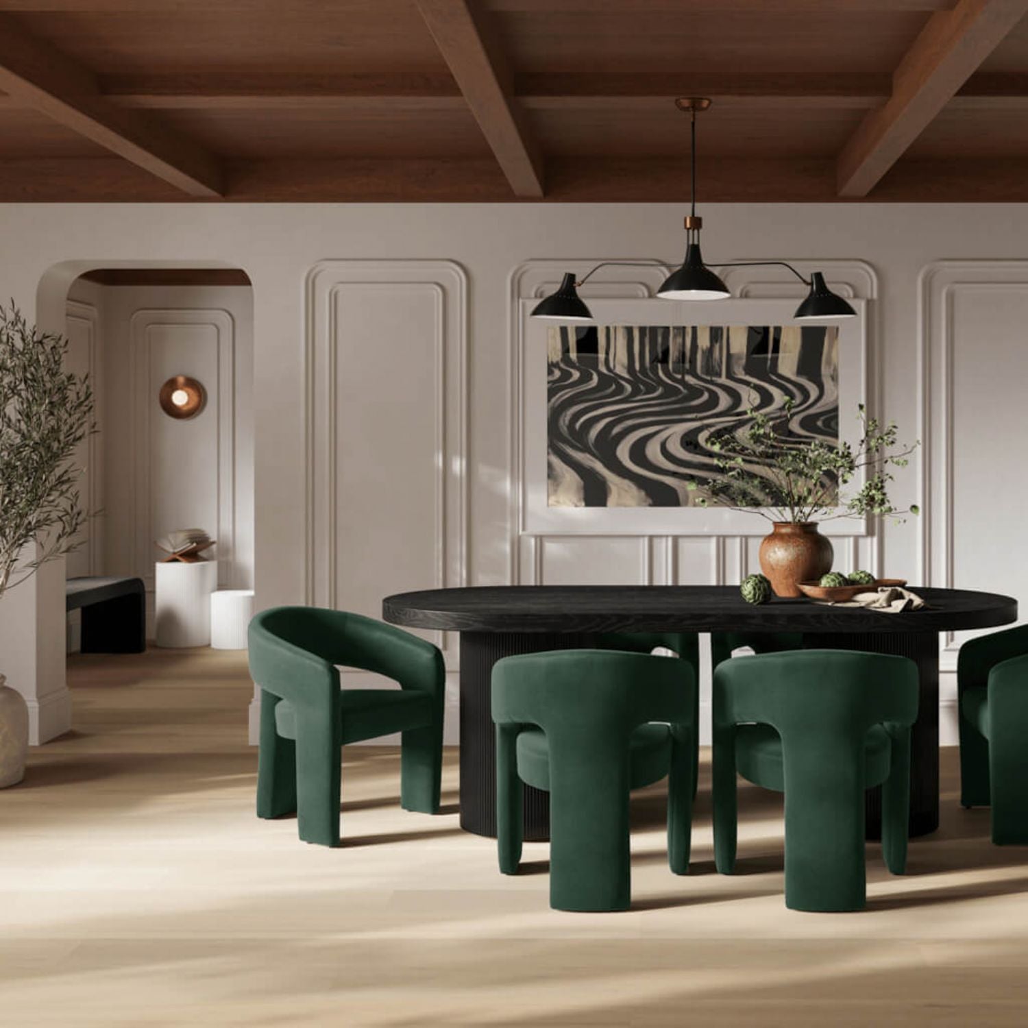 Matte Black Curved 6 Seater Dining Table Cylindrical Base