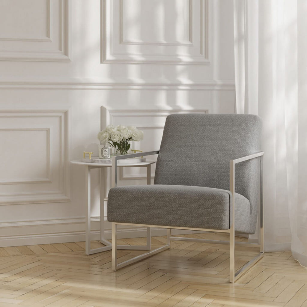 Dove Grey Tweed Fabric Upholstered Accent Chair with Silver Metal Frame