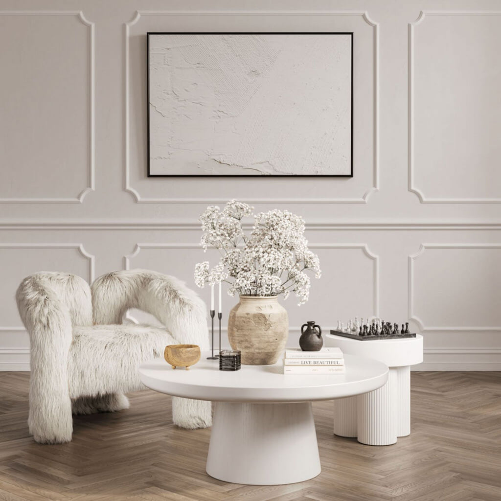 White Round Wood Coffee Table with Smooth Sculpted Base