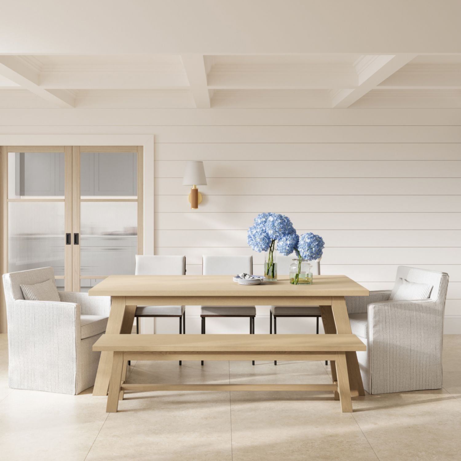 White Dining Chair with Cushioned Seat and Slatted Back