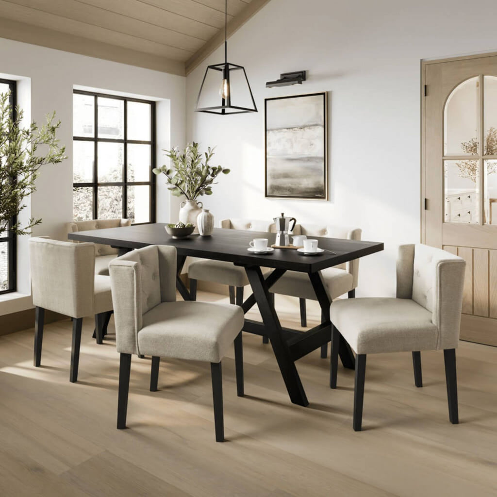 Modern Beige Linen Fabric Upholstered Winged Dining Chair