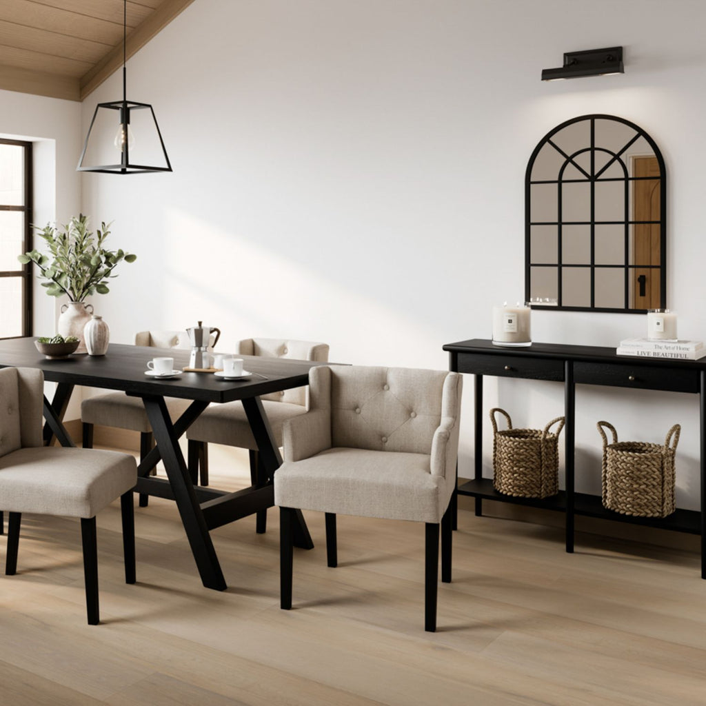 Modern Beige Linen Fabric Upholstered Winged Dining Chair with Arms