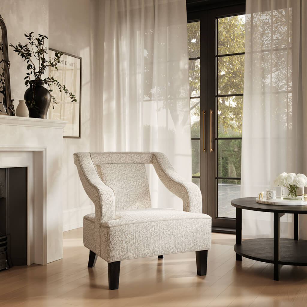Beige Fabric Armchair with Black Wooden Legs
