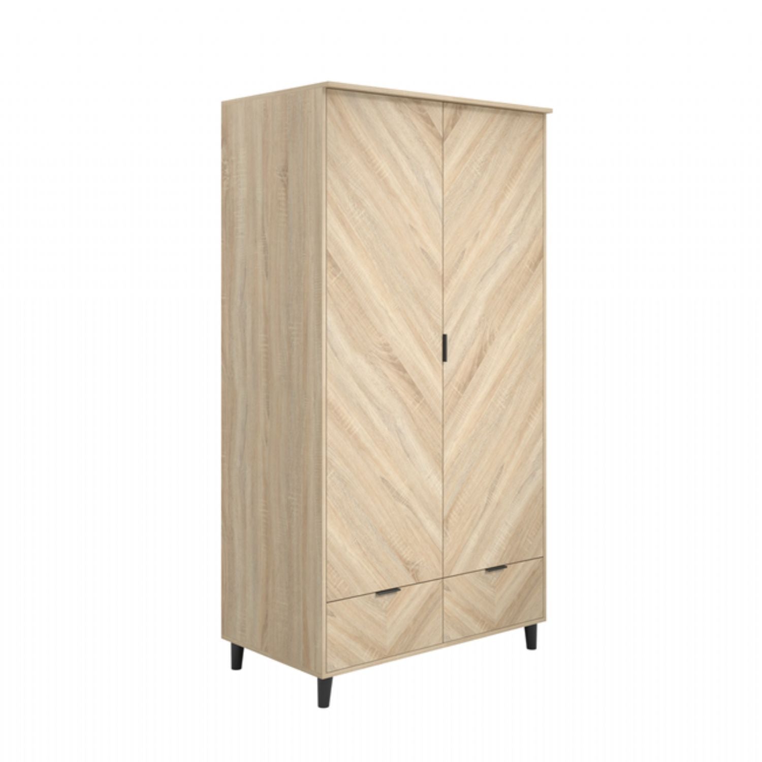 Light Oak Chevron 2 Door 2 Drawer Double Wardrobe with Matte Black Legs