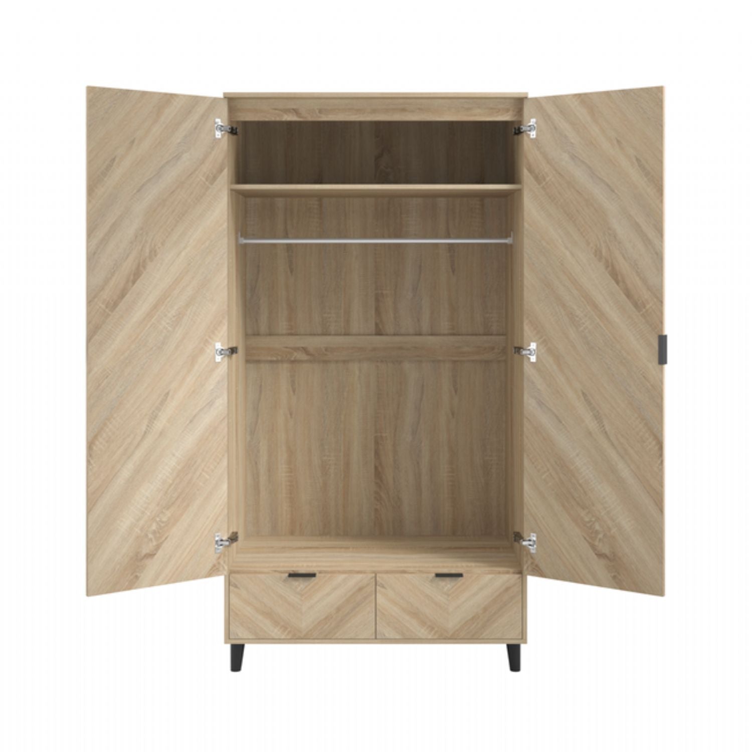 Light Oak Chevron 2 Door 2 Drawer Double Wardrobe with Matte Black Legs