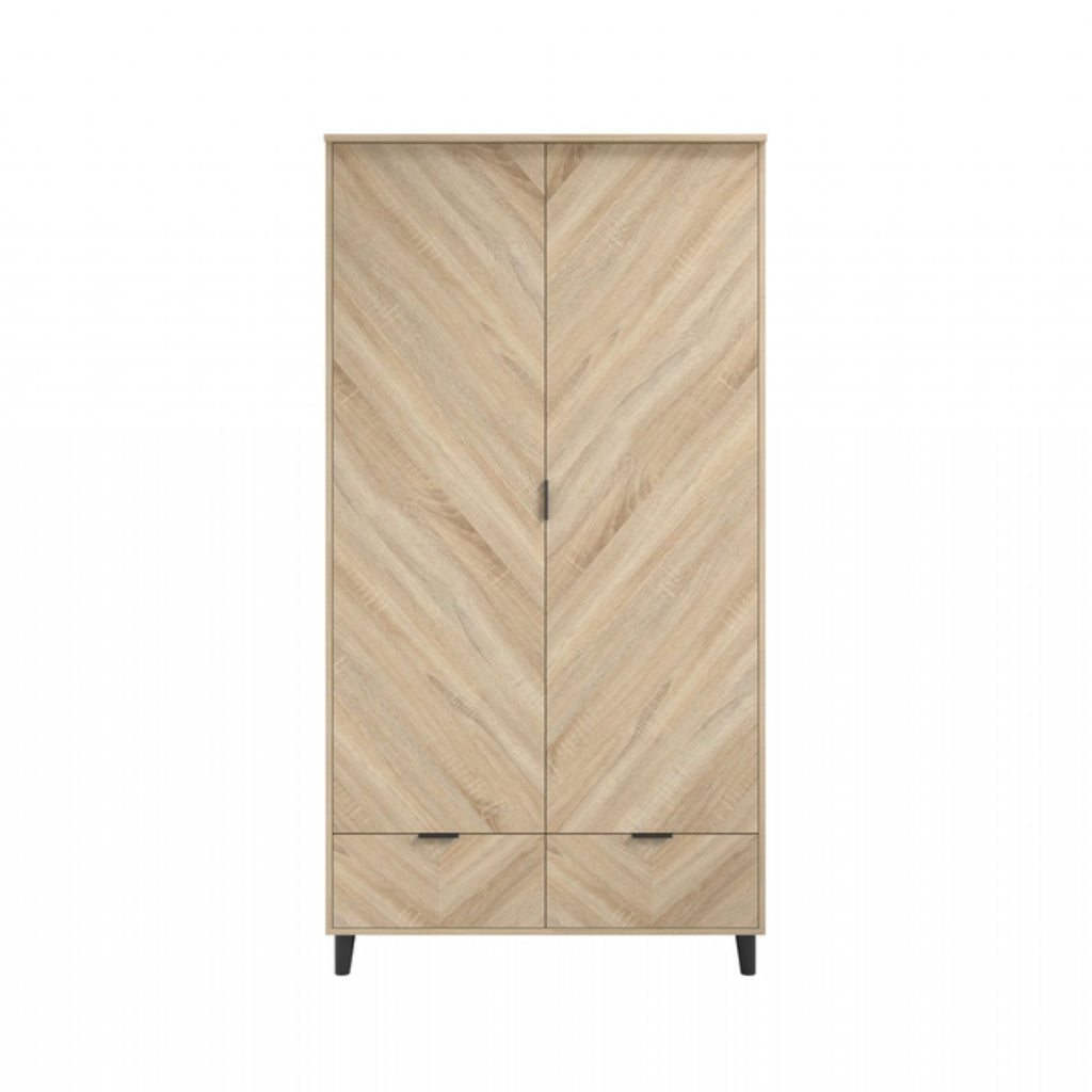 Light Oak Chevron 2 Door 2 Drawer Double Wardrobe with Matte Black Legs