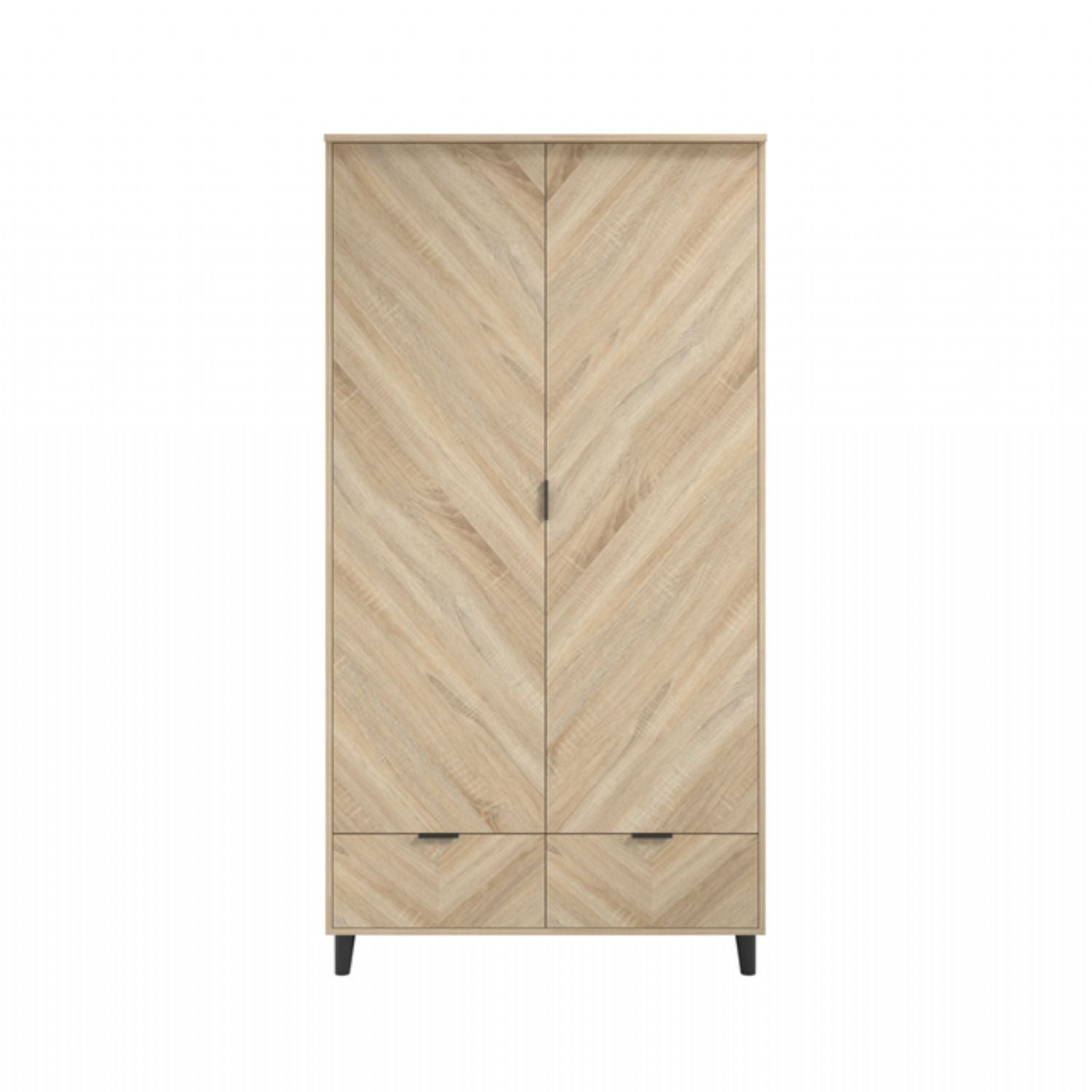 Light Oak Chevron 2 Door 2 Drawer Double Wardrobe with Matte Black Legs