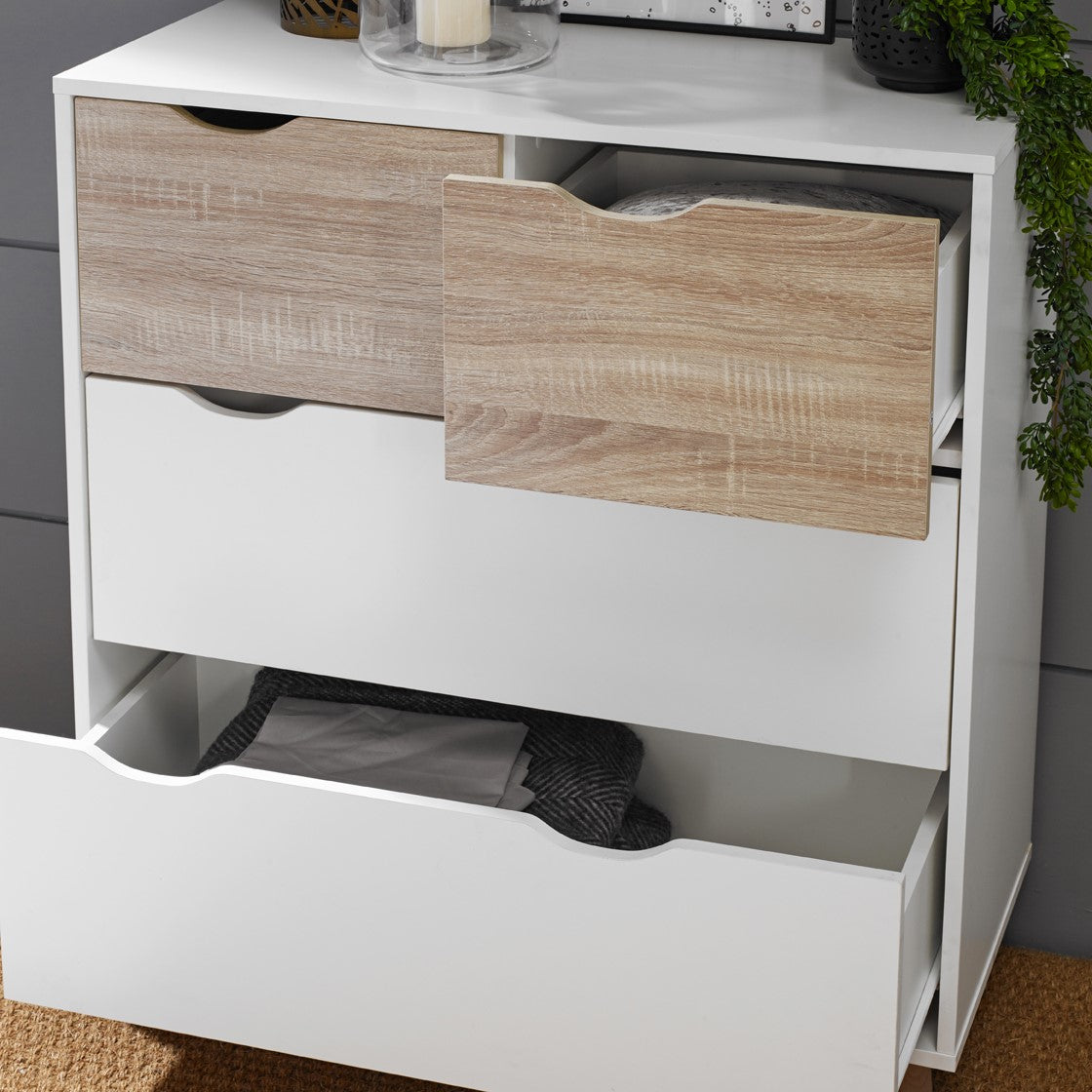 White and Oak Matt Finish 4 Drawer Chest with Cut Out Handle