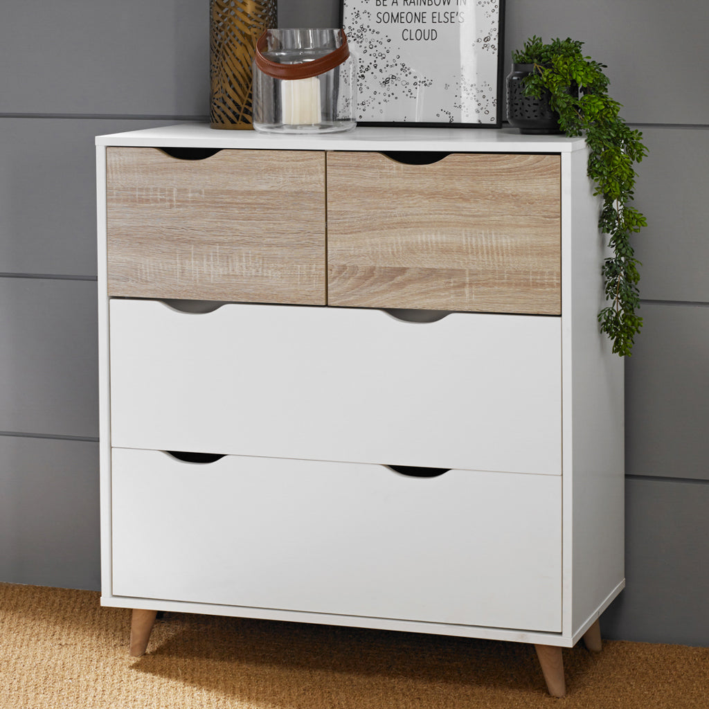 White and Oak Matt Finish 4 Drawer Chest with Cut Out Handle