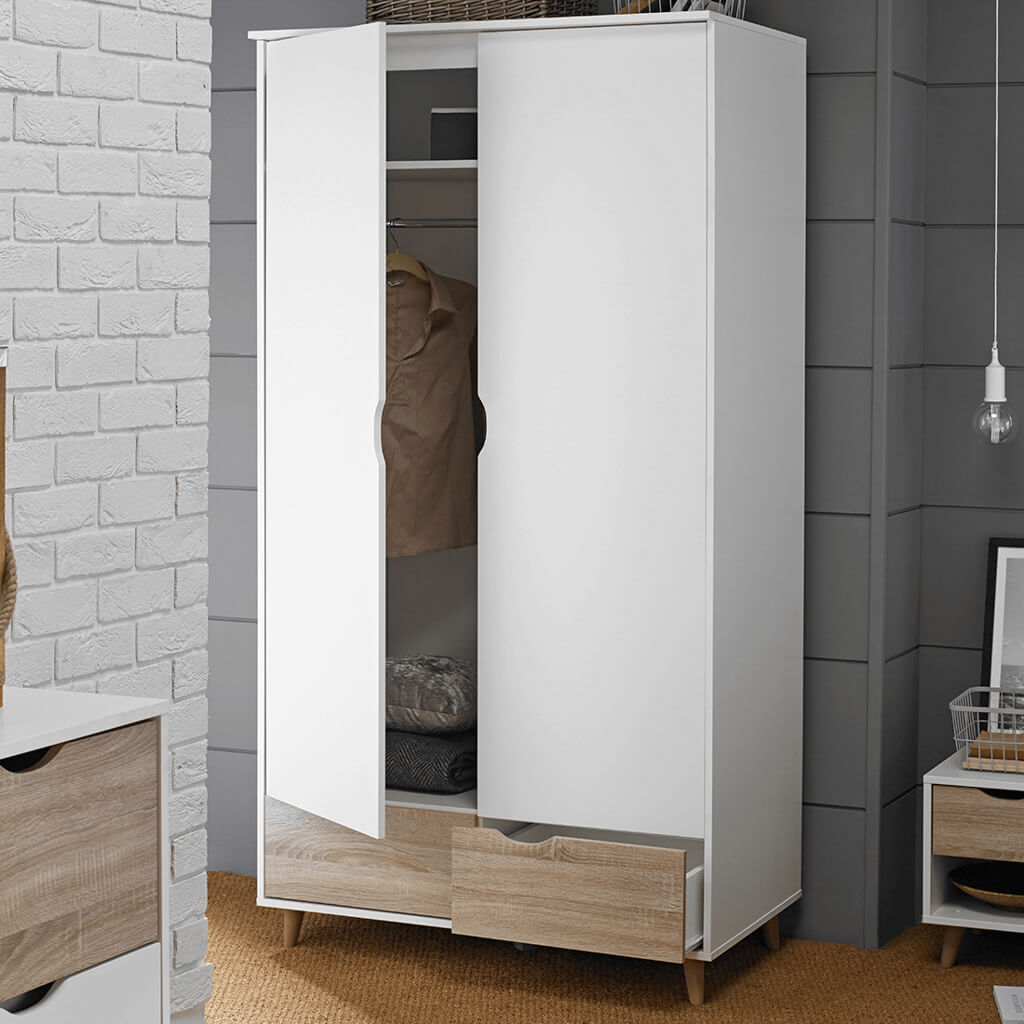 Scandi White and Oak 2 Door 2 Drawer Double Wardrobe with Hanging Rail