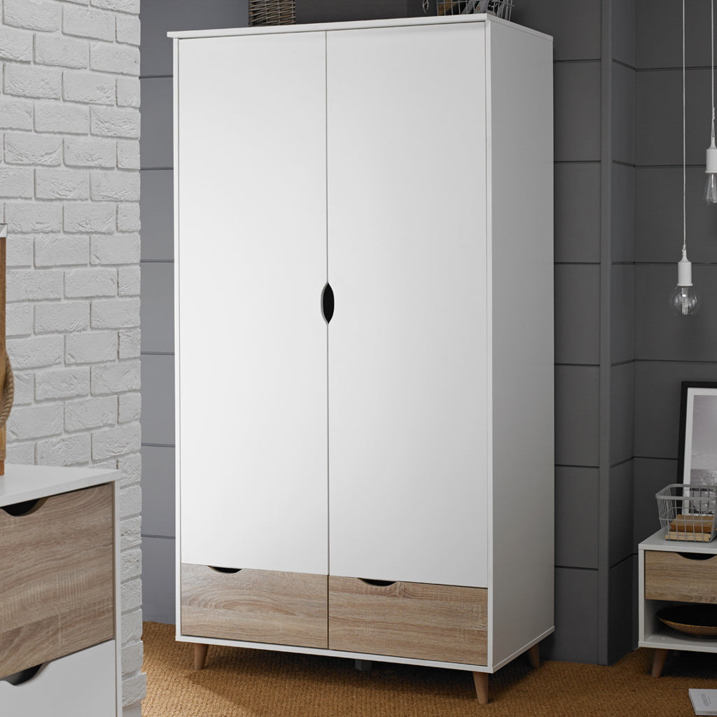 Scandi White and Oak 2 Door 2 Drawer Double Wardrobe with Hanging Rail