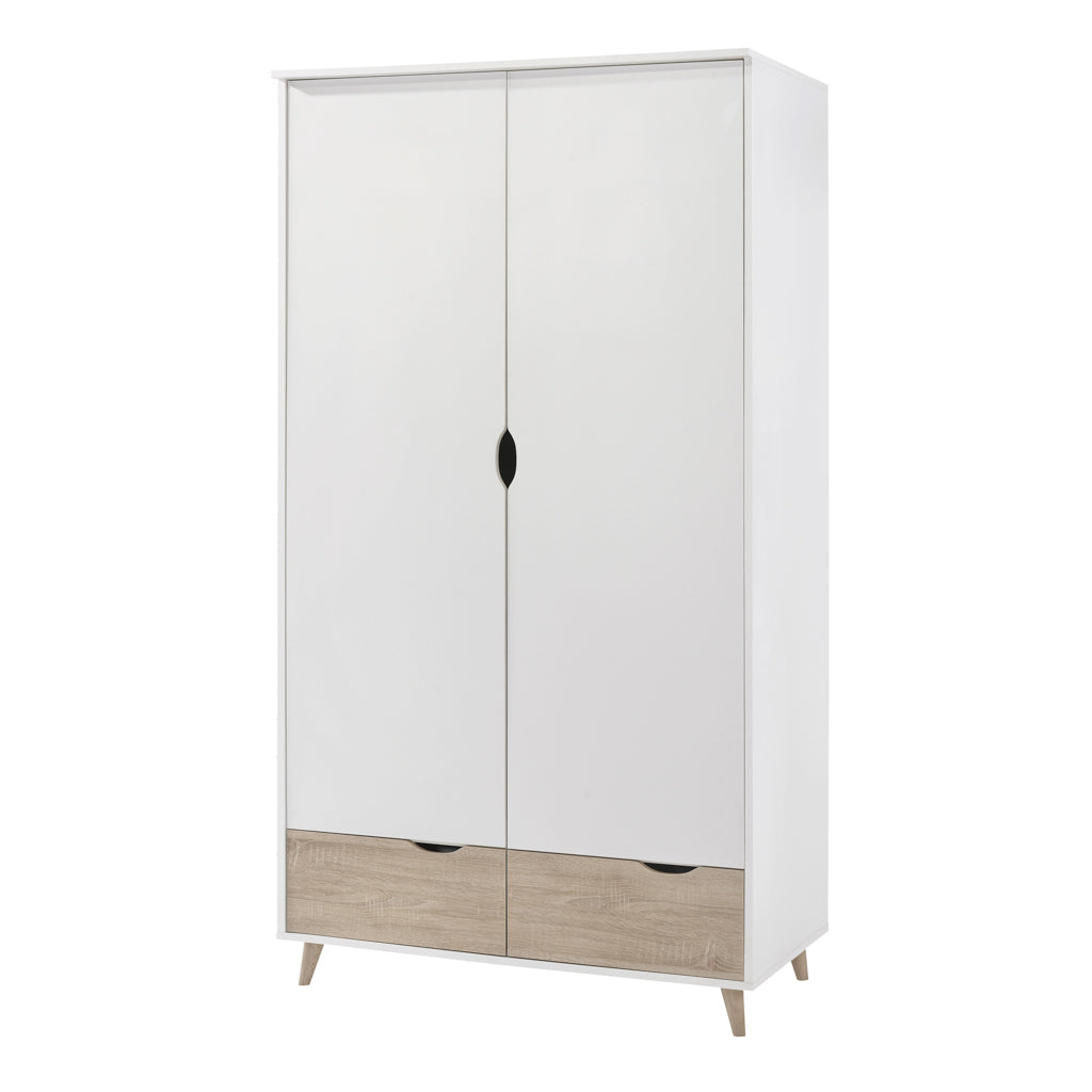 Scandi White and Oak 2 Door 2 Drawer Double Wardrobe with Hanging Rail