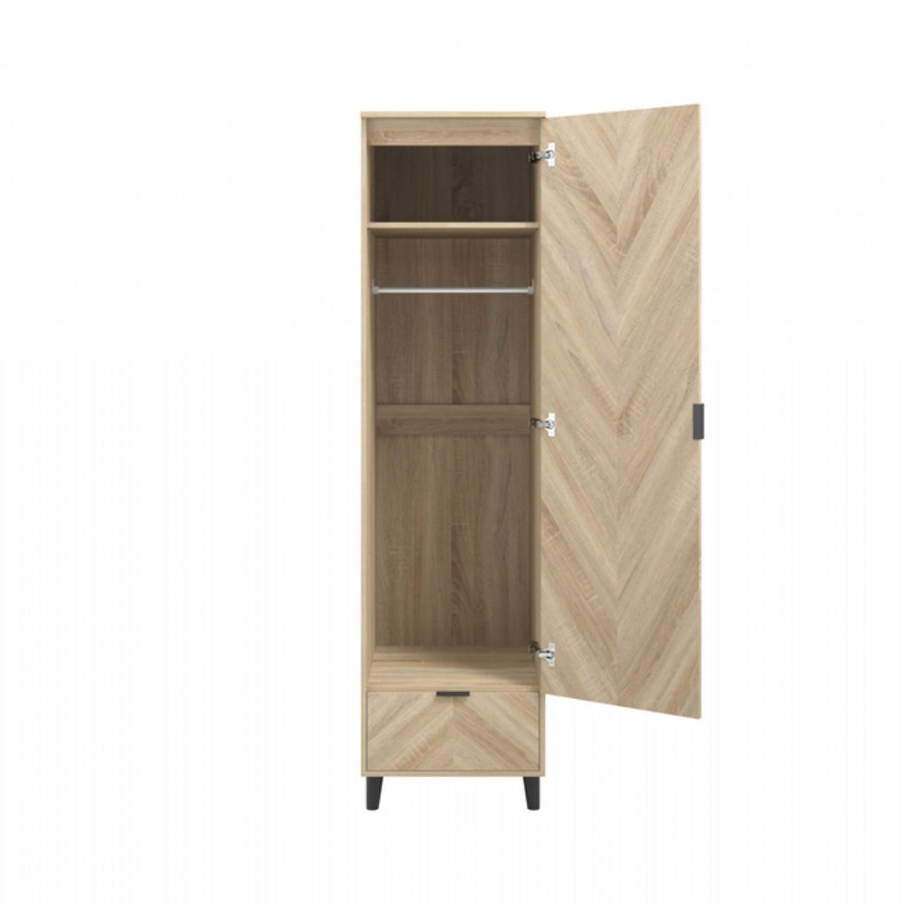 Light Chevron Oak 1 Door 1 Drawer Single Narrow Wardrobe