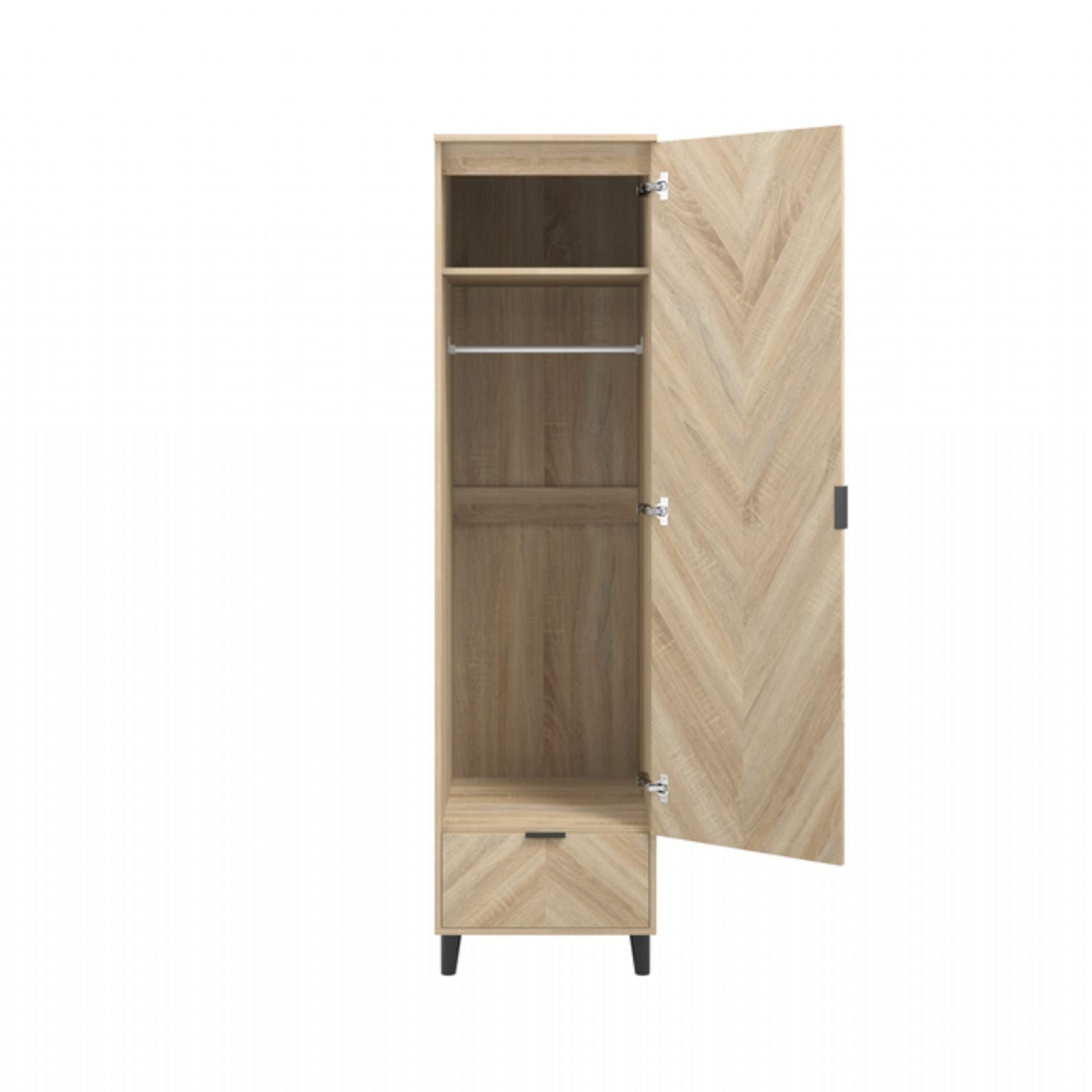 Light Chevron Oak 1 Door 1 Drawer Single Narrow Wardrobe