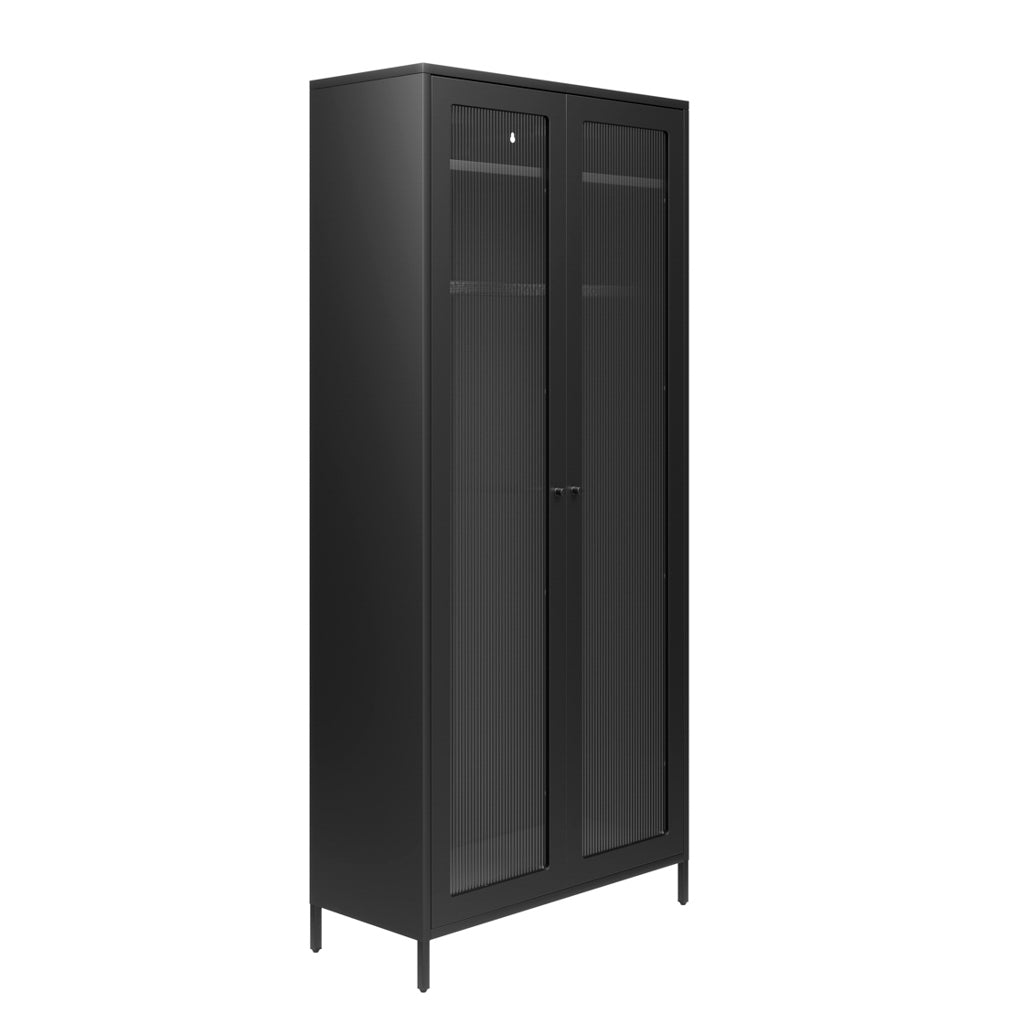 Black Steel 2 Door Double Wardrobe with Reeded Glass Panels