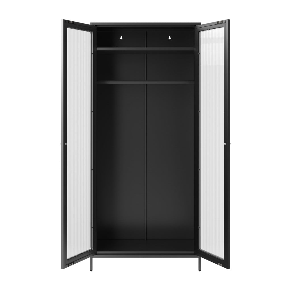Black Steel 2 Door Double Wardrobe with Reeded Glass Panels