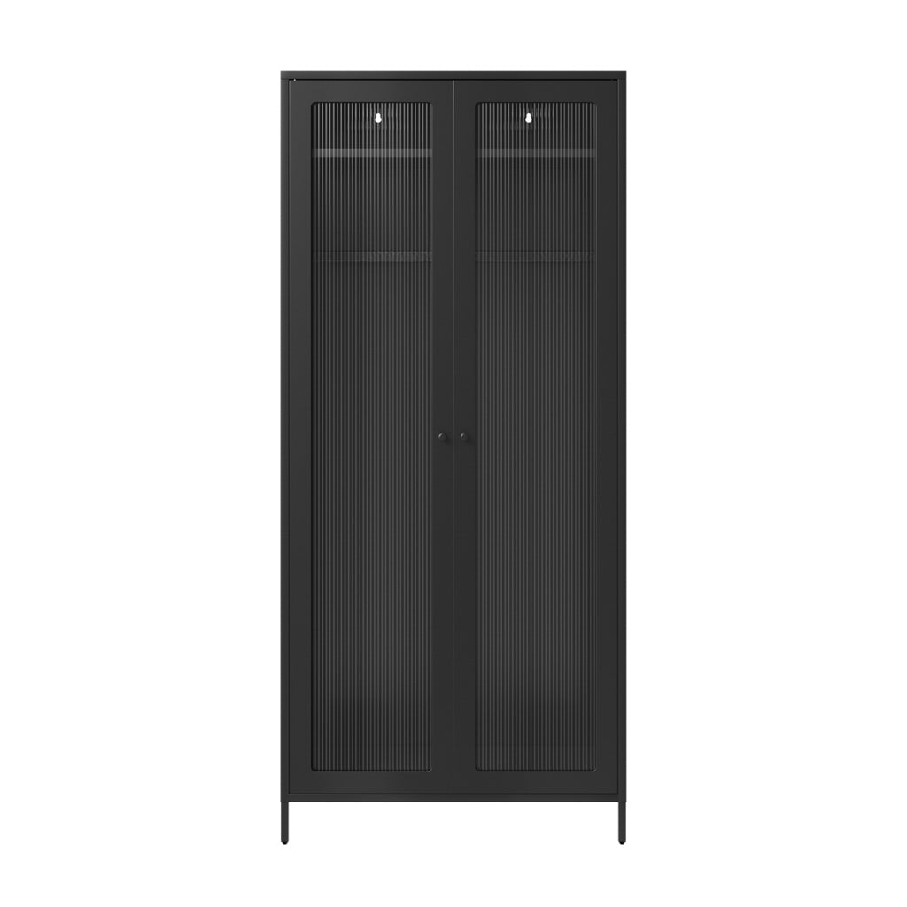 Black Steel 2 Door Double Wardrobe with Reeded Glass Panels
