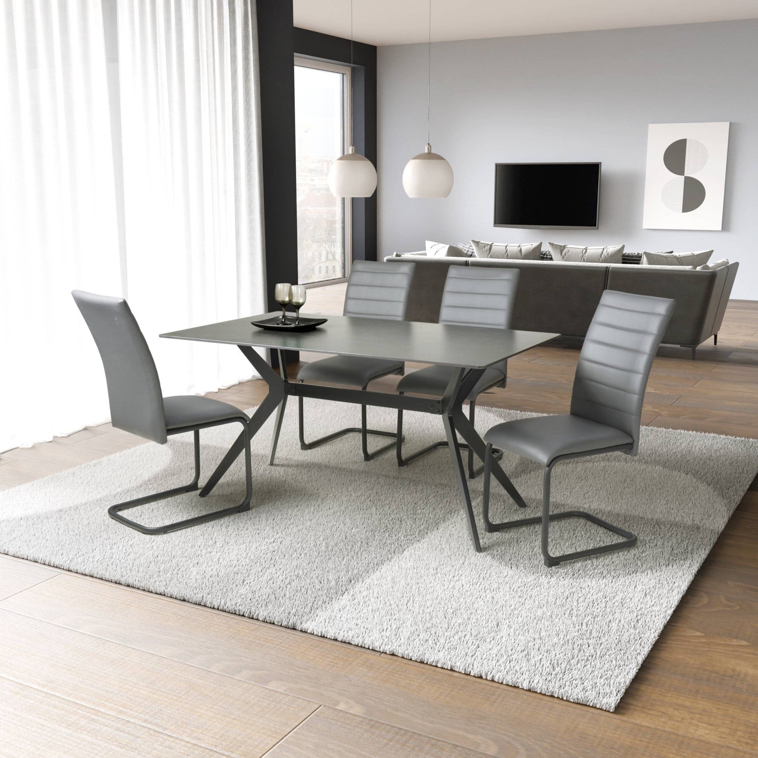 Dark Grey Sintered Effect 1.5m Dining Table with Black Base