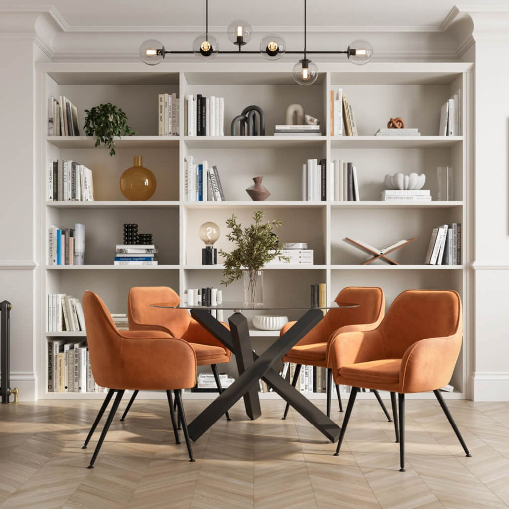 Orange Velvet Upholstered Dining Chair with Black Metal Legs
