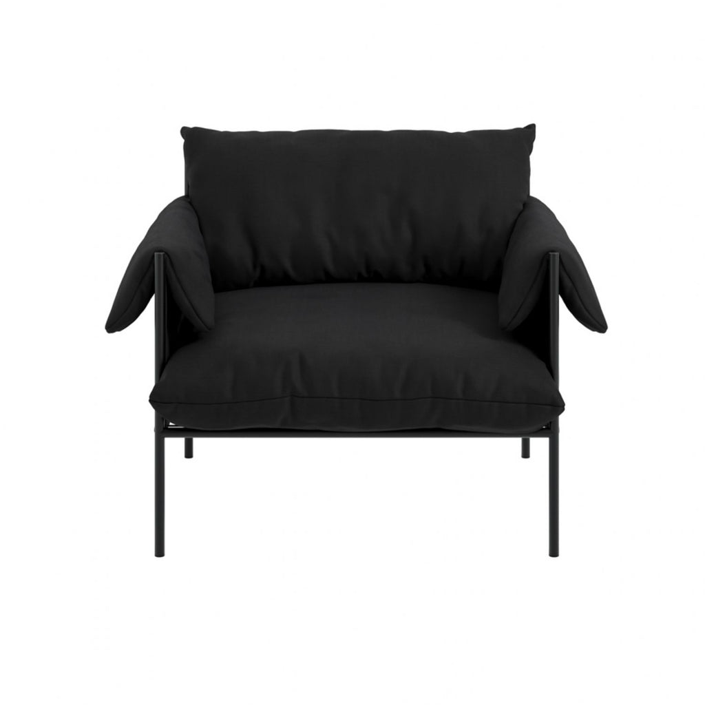 Modern Plush Onyx Black Armchair with Soft Cushions and Metal Frame