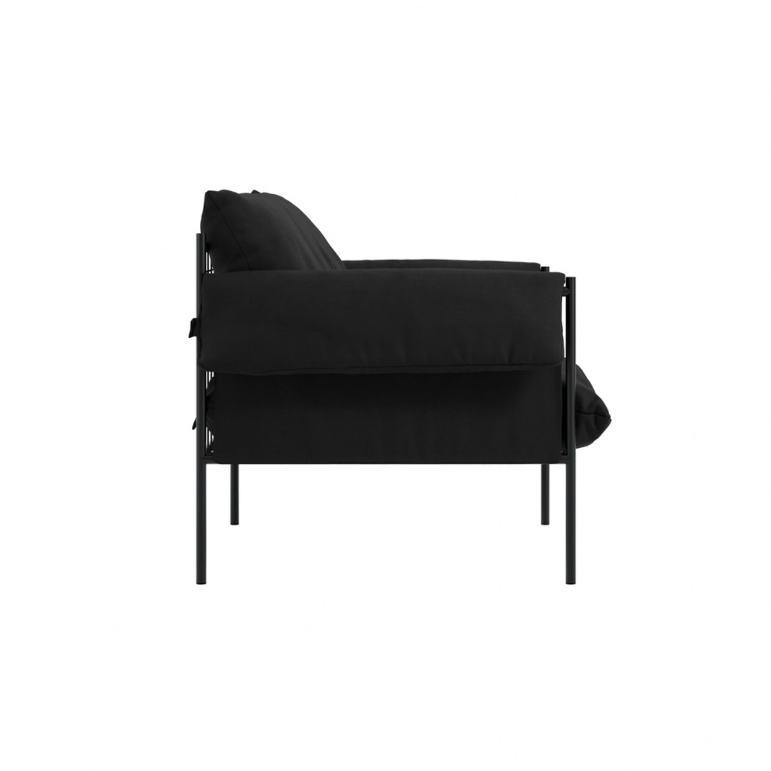 Modern Plush Onyx Black Armchair with Soft Cushions and Metal Frame