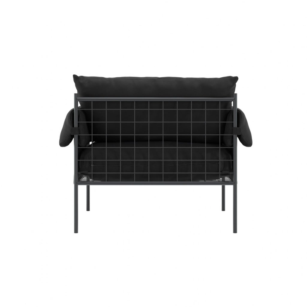 Modern Plush Onyx Black Armchair with Soft Cushions and Metal Frame