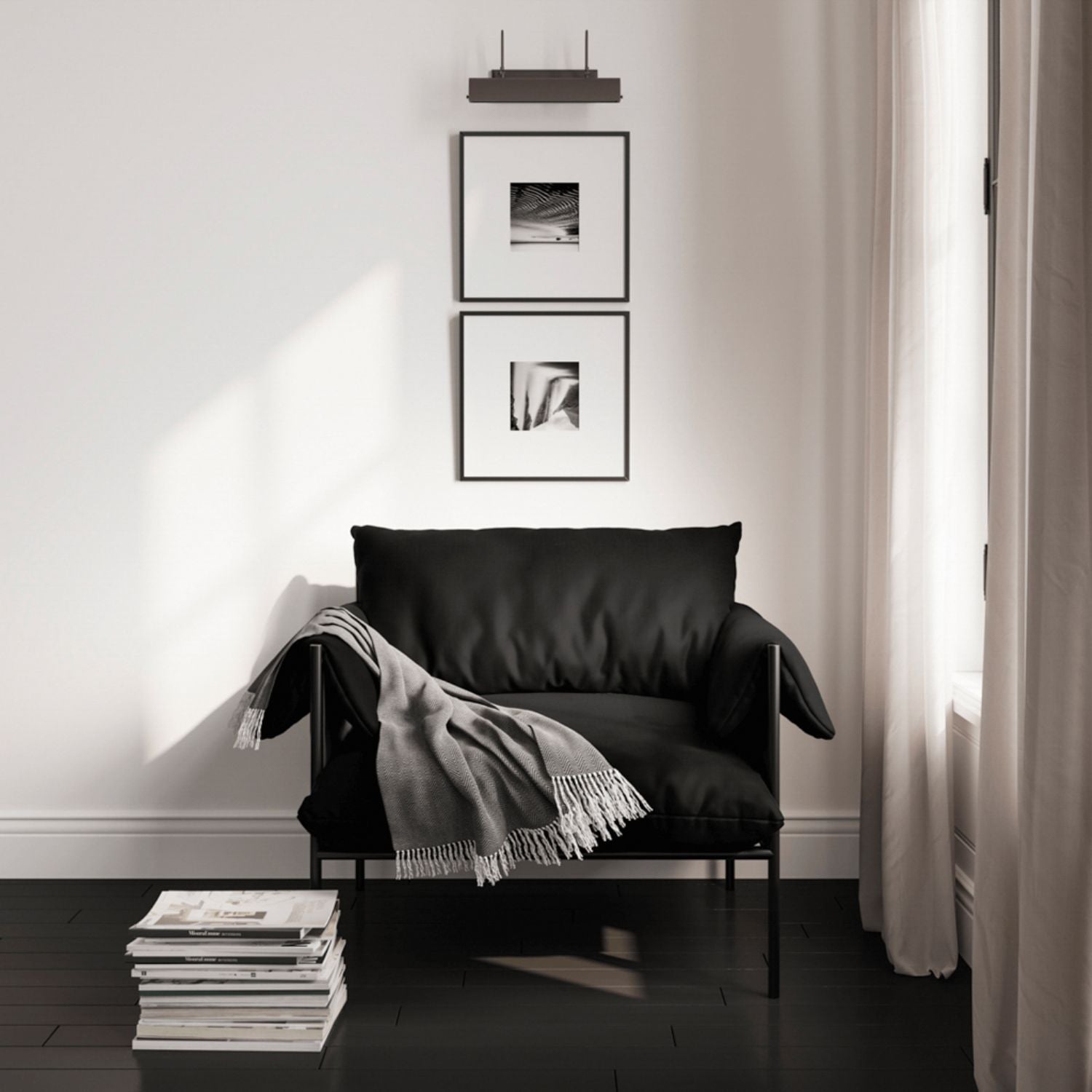 Modern Plush Onyx Black Armchair with Soft Cushions and Metal Frame