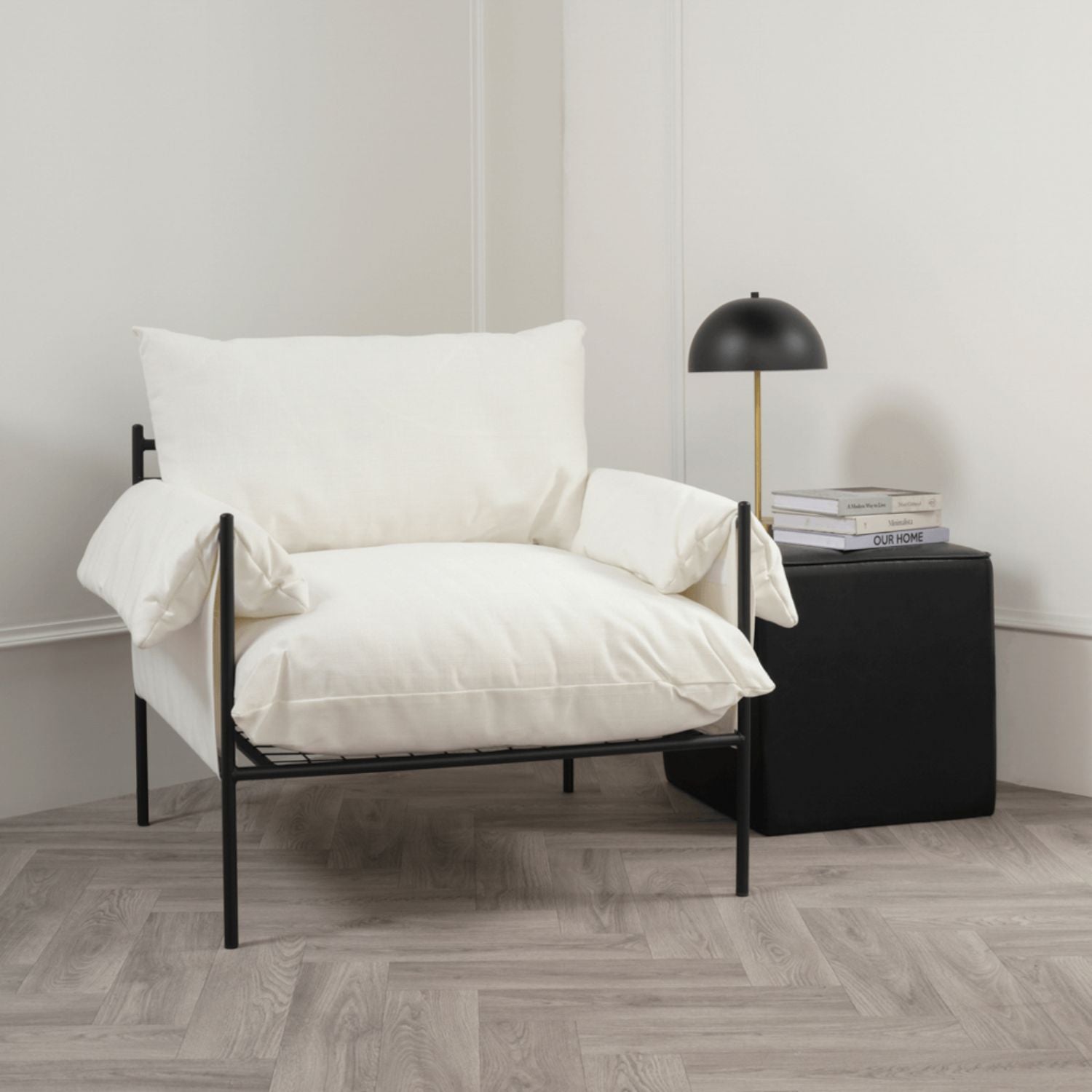 Modern Plush White Armchair with Soft Cushions and Metal Frame