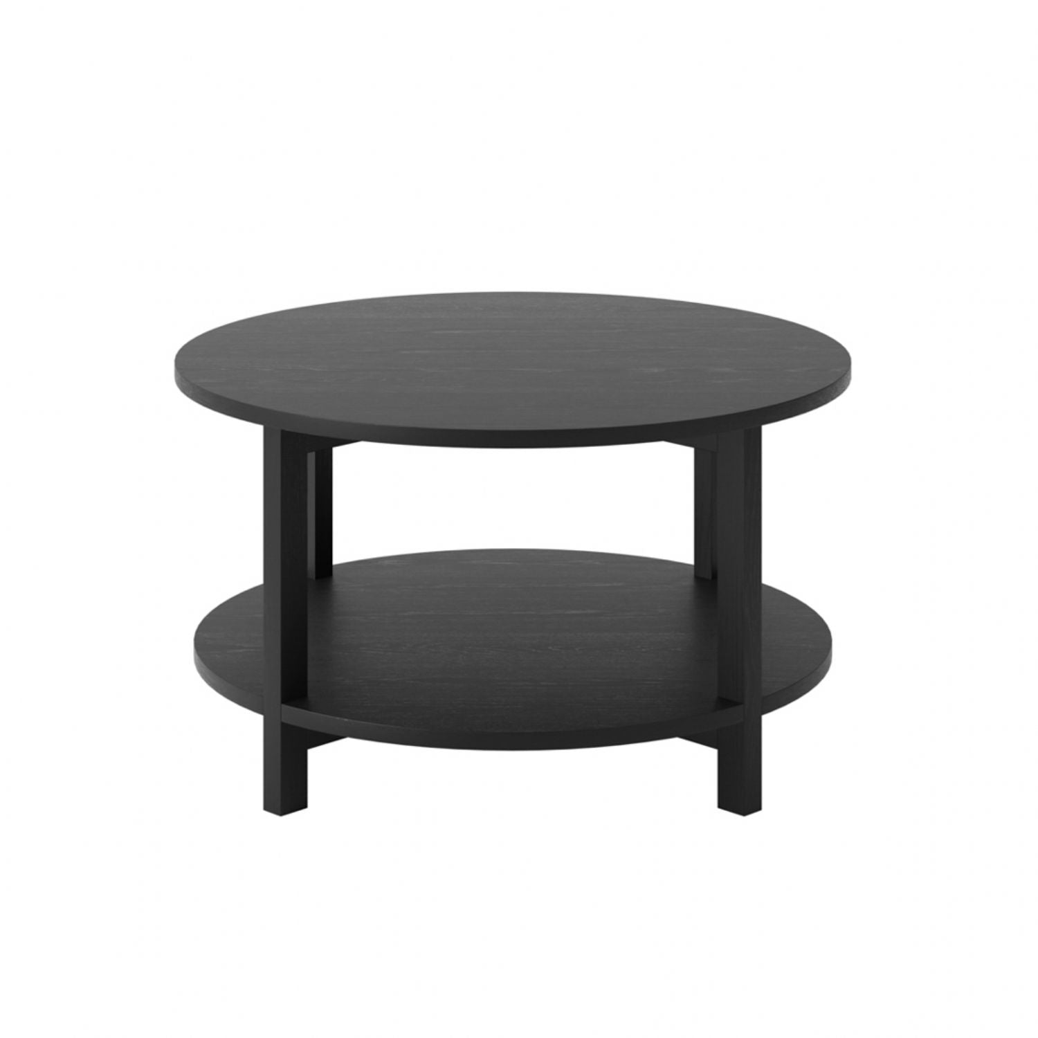 Black Round Coffee Table with Shelf and Matte Grain Finish
